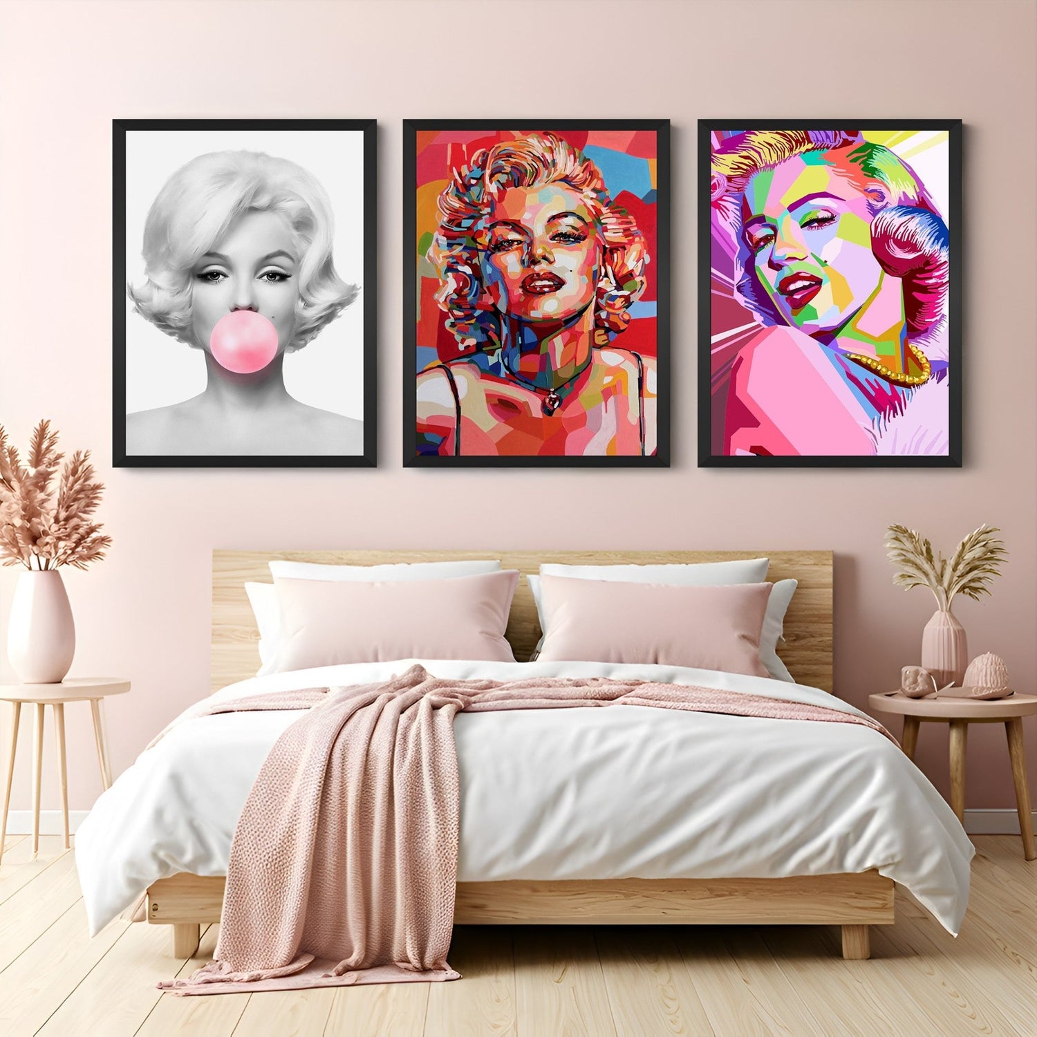 Canvas wall art set of three featuring bold female portraits: black-and-white woman blowing pink bubblegum, vibrant colorful woman, and artistic multicolor portrait – all in black floater frames for contemporary interiors