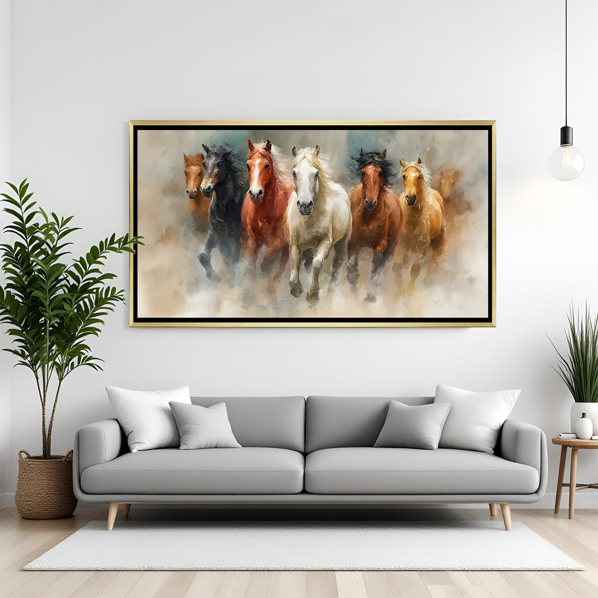 Seven horses abstract canvas wall art in golden floater frame luxury Vastu decor India
