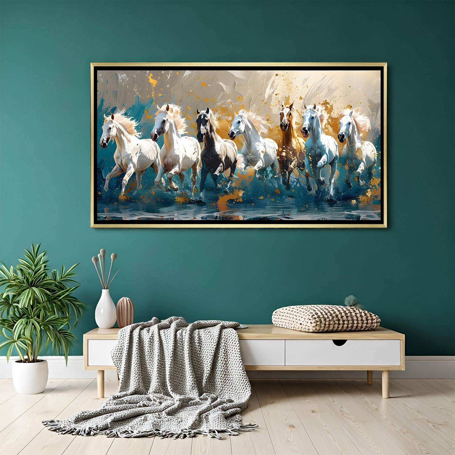Seven white horses teal abstract artwork in golden floater frame