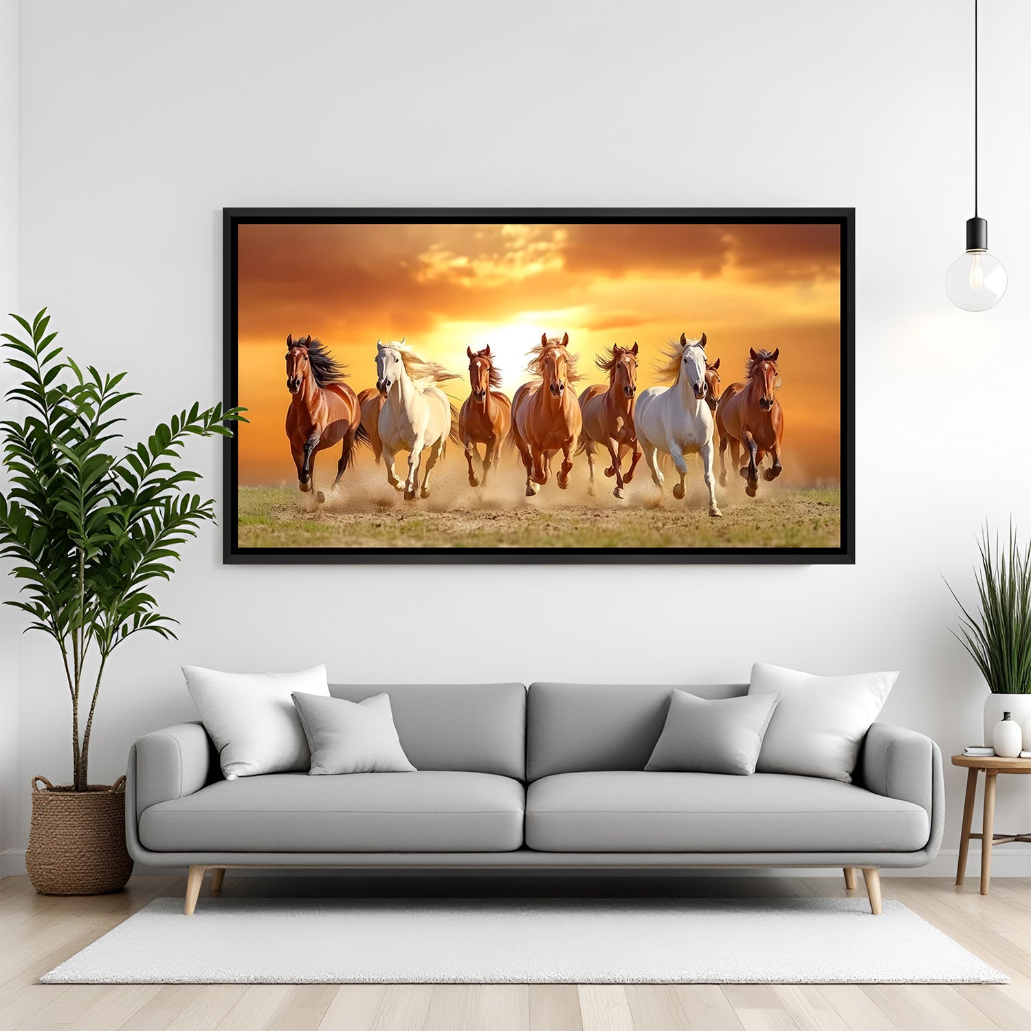 Seven running horses sunset painting in black floater frame modern canvas wall art for office decor India