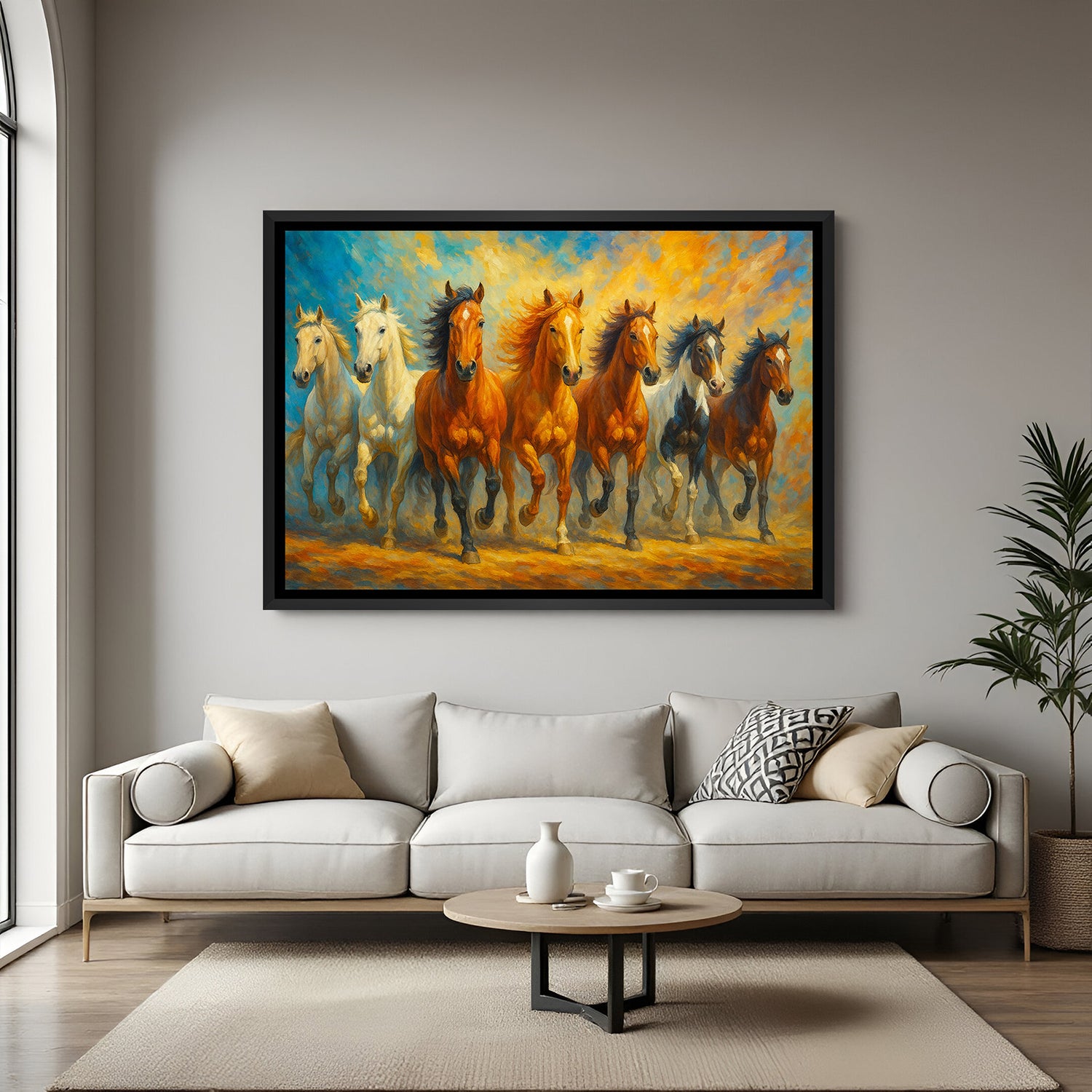 Seven running horses wall painting in sleek black floater frame for premium home decor and Vastu benefits