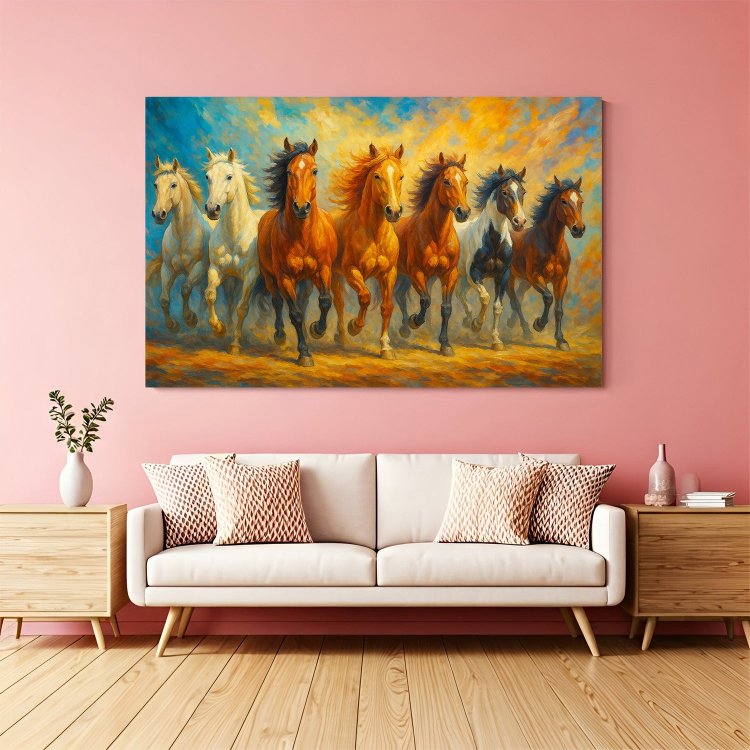 Seven running horses canvas wall art wrapped on stretcher frame displayed in modern living room