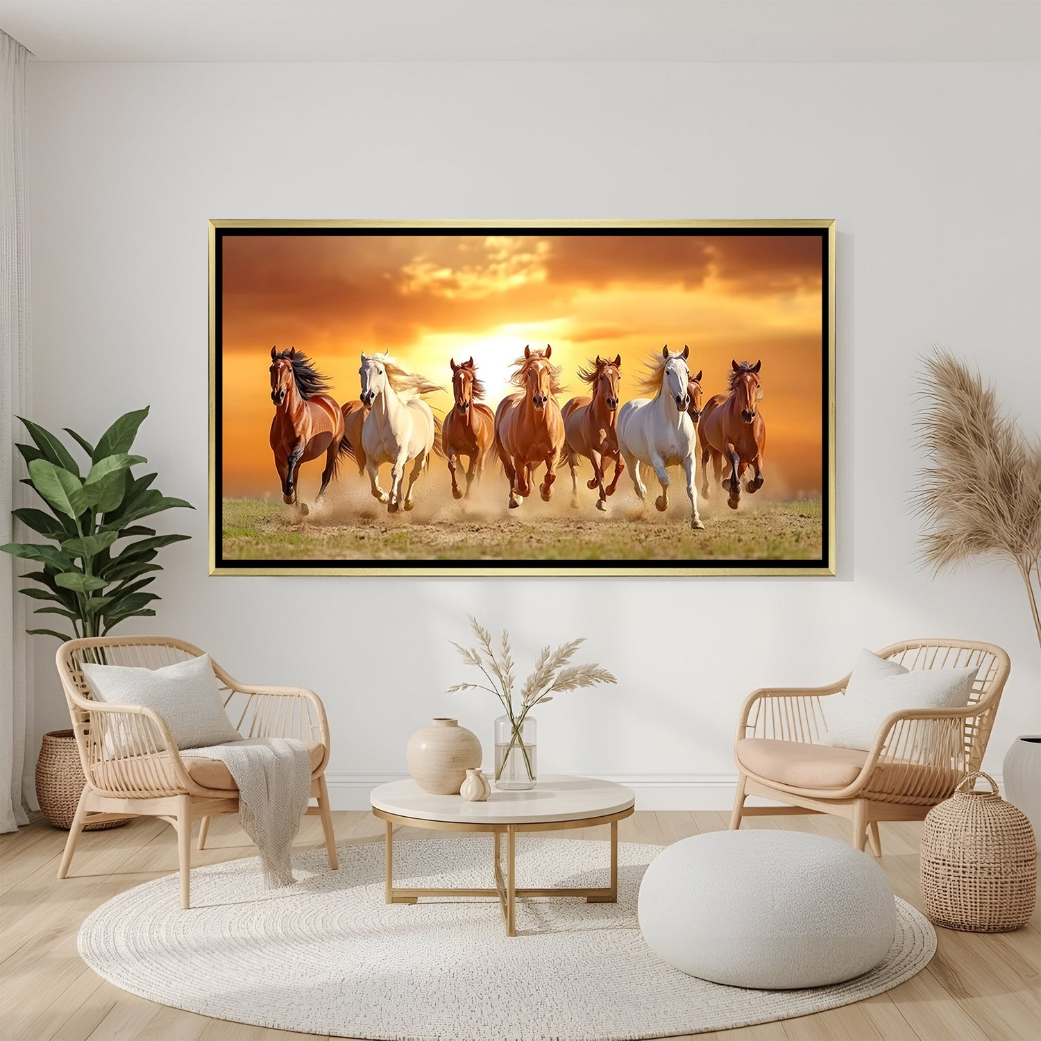 Seven running horses sunset canvas wall art in golden floater frame luxury Vastu decor India