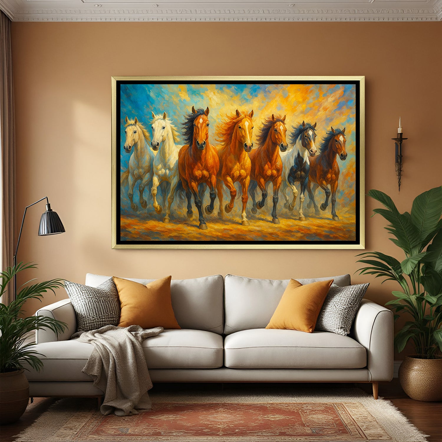 Seven running horses canvas wall art in golden floater frame showcasing luxury Vastu wall decor