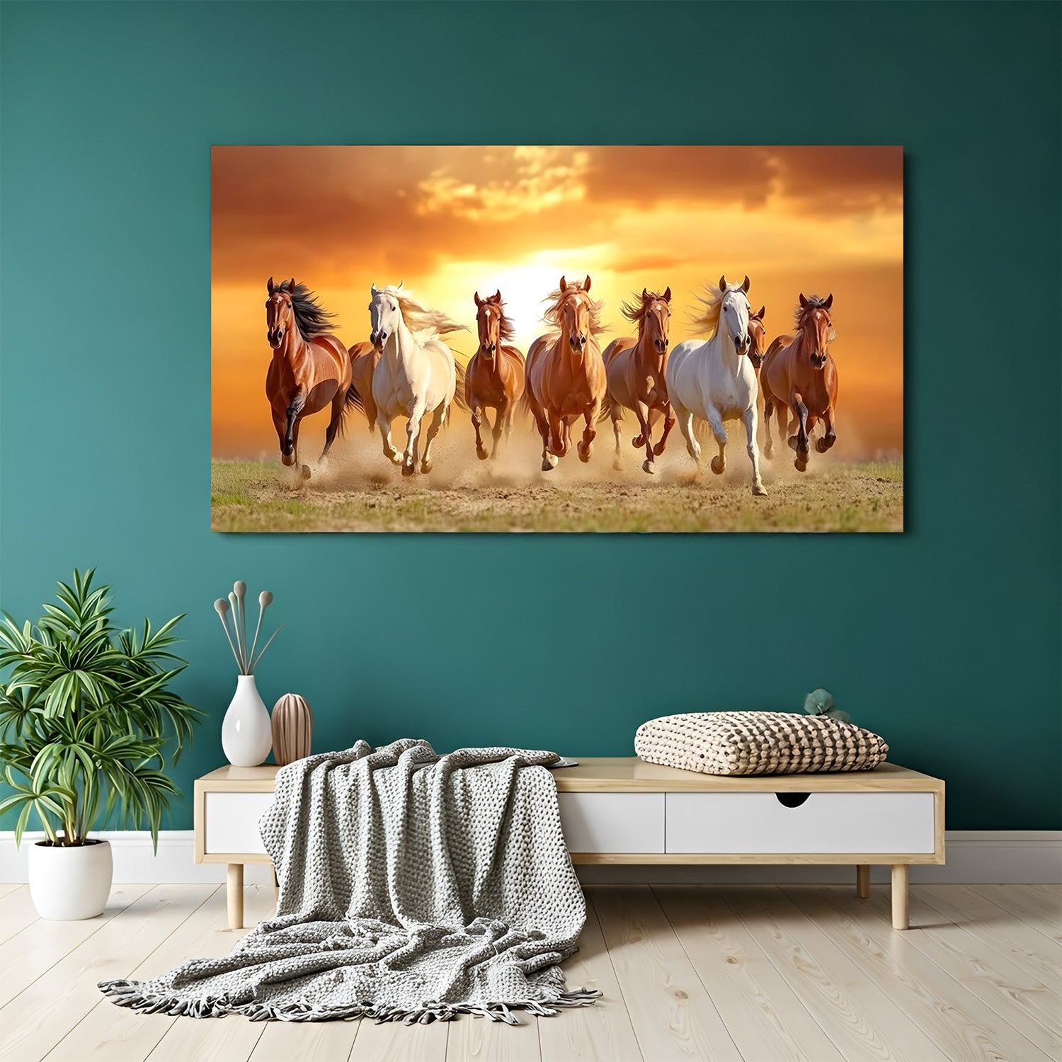 Seven running horses sunset canvas wrap wall art panoramic Vastu horse painting for home decor India