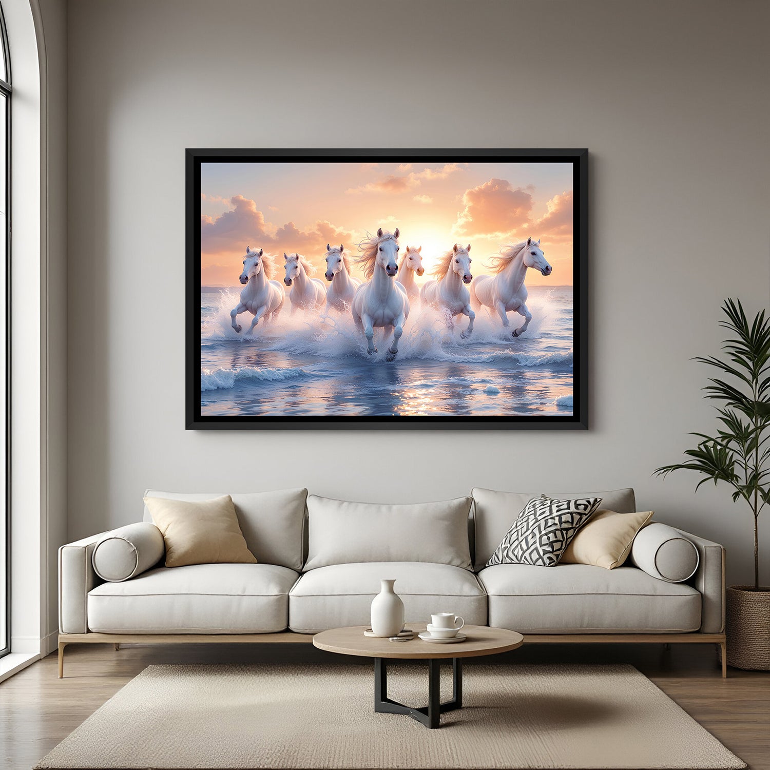 Seven Horses Vastu wall art in modern black frame