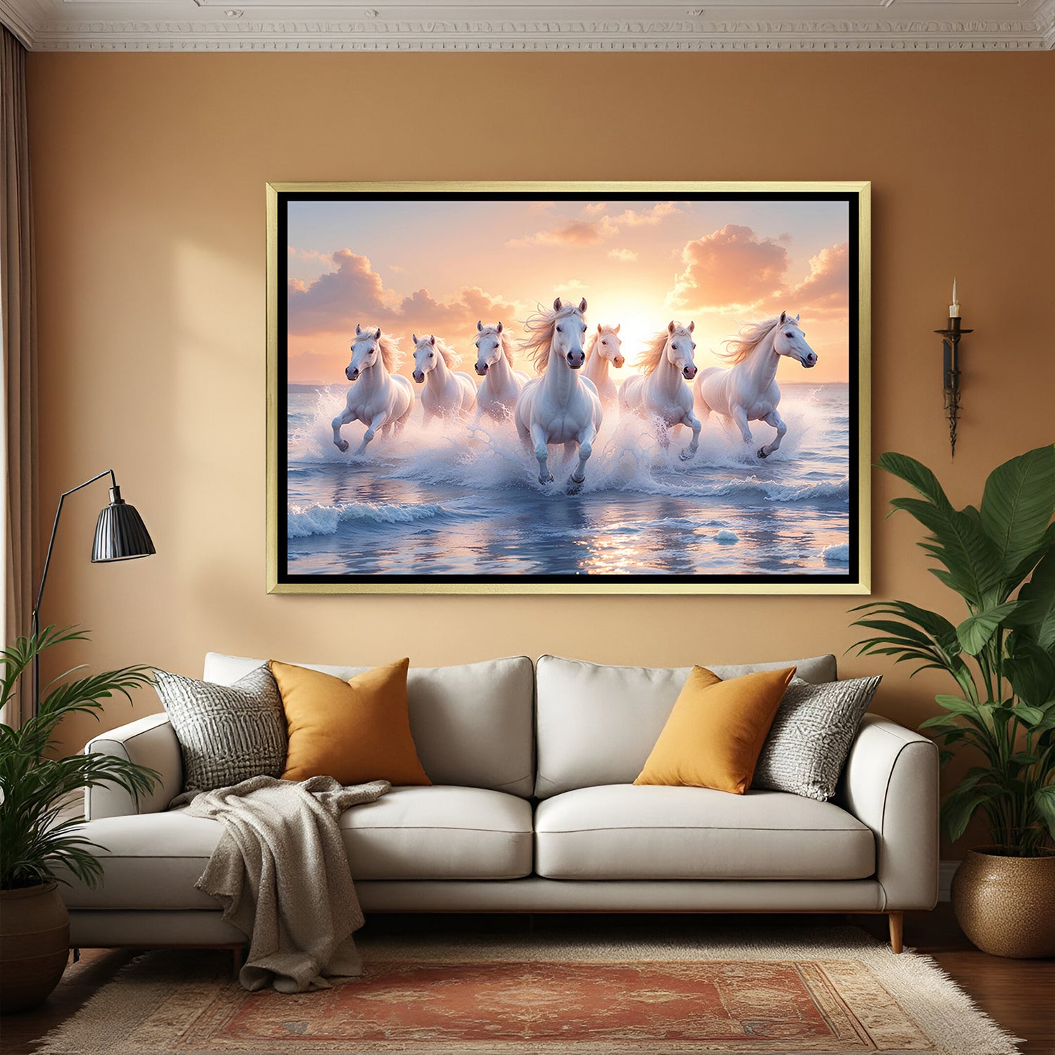 Seven Running Horses painting in golden frame for home decor