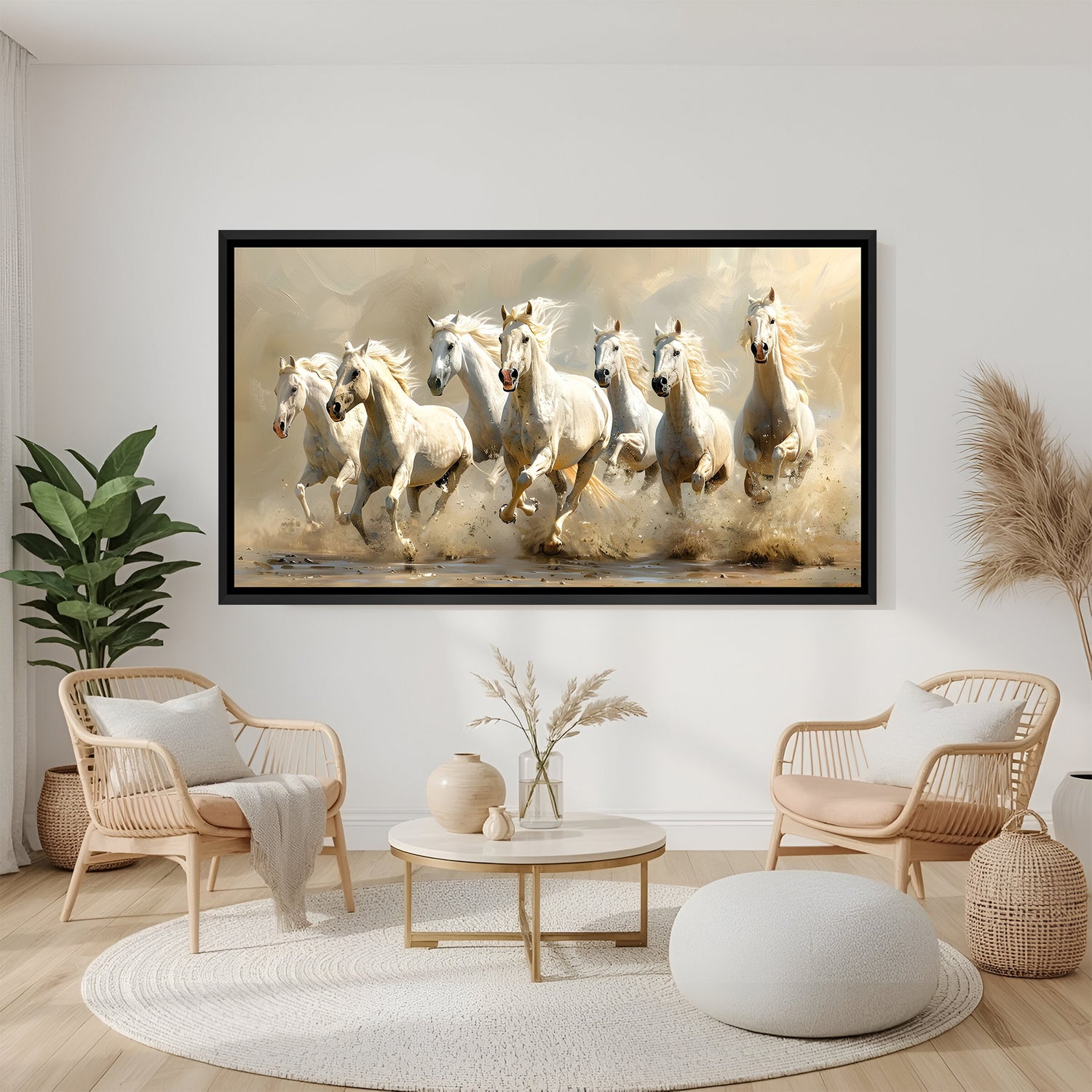 Seven white horses beige painting in black floater frame panoramic canvas wall art for office decor India