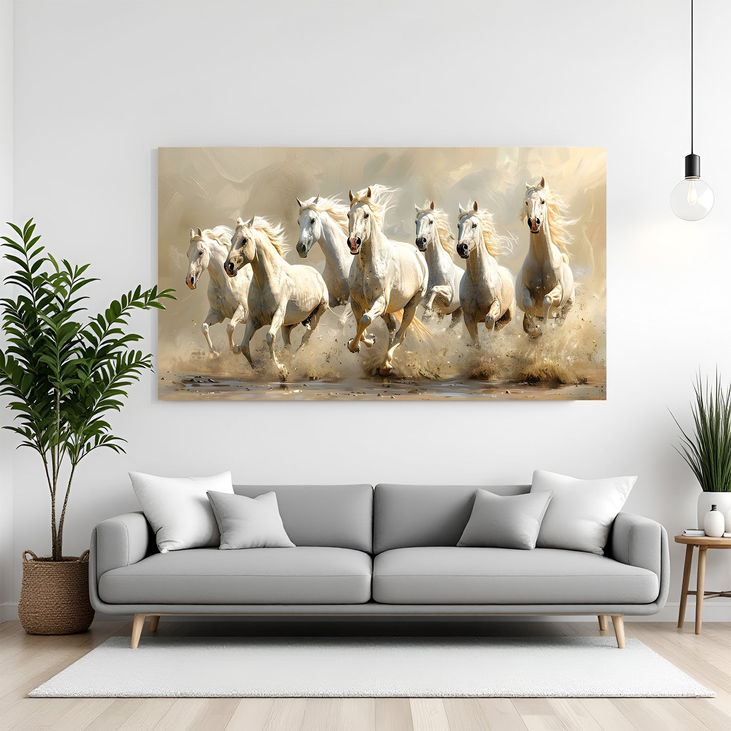 Seven white horses beige canvas wrap wall art Vastu running horses painting for living room decor India