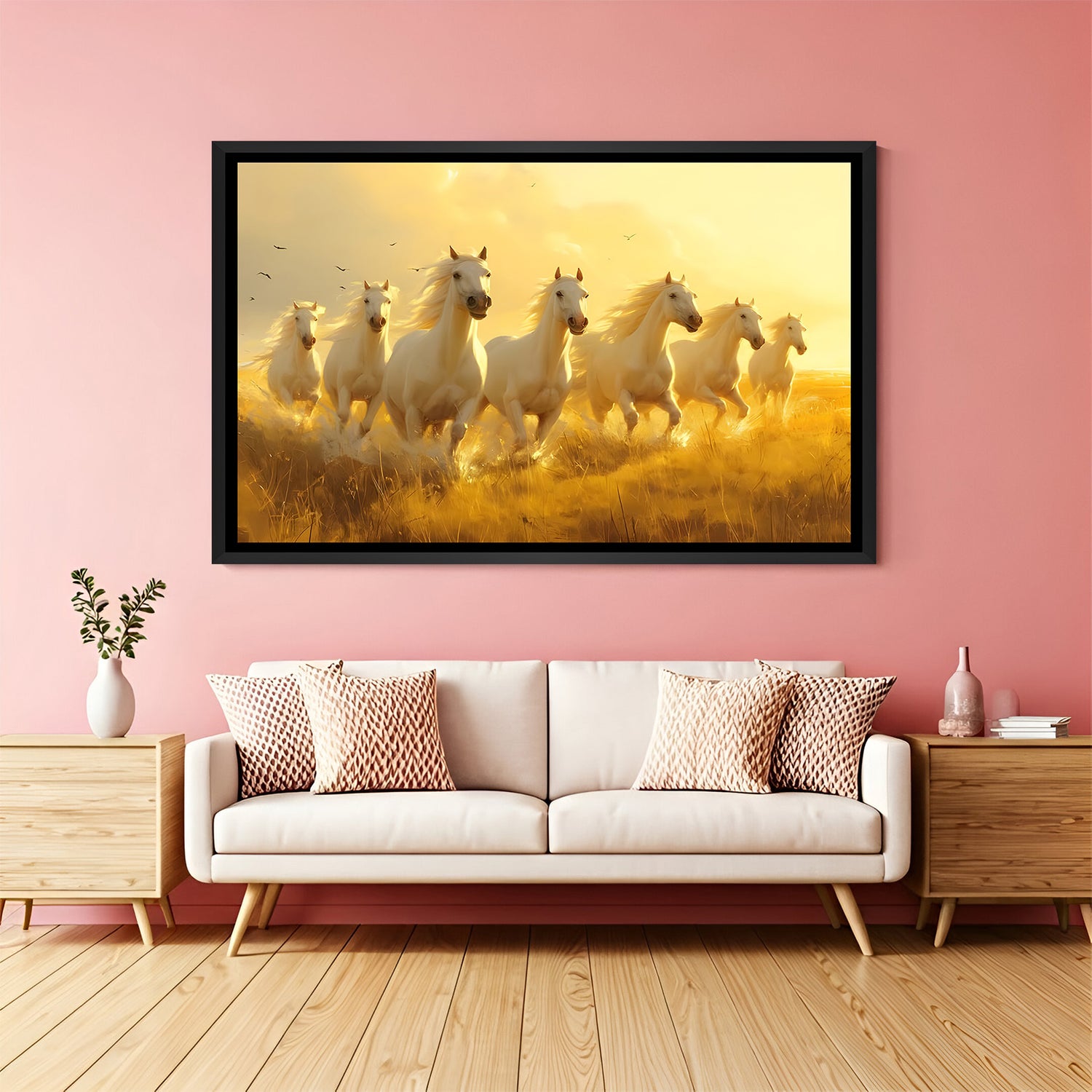 Seven white horses golden field painting in black floater frame panoramic canvas wall art for home decor India