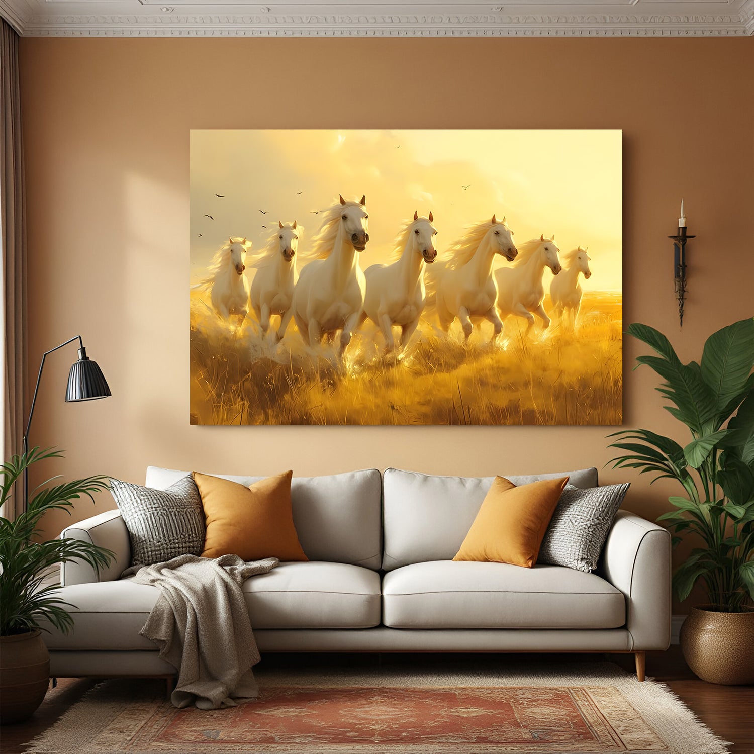 Seven white horses running in golden field canvas wrap wall art Vastu painting for living room decor India