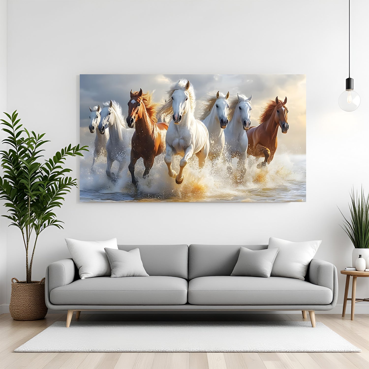 Seven white horses running in water canvas wrap wall art Vastu horse painting for living room decor India