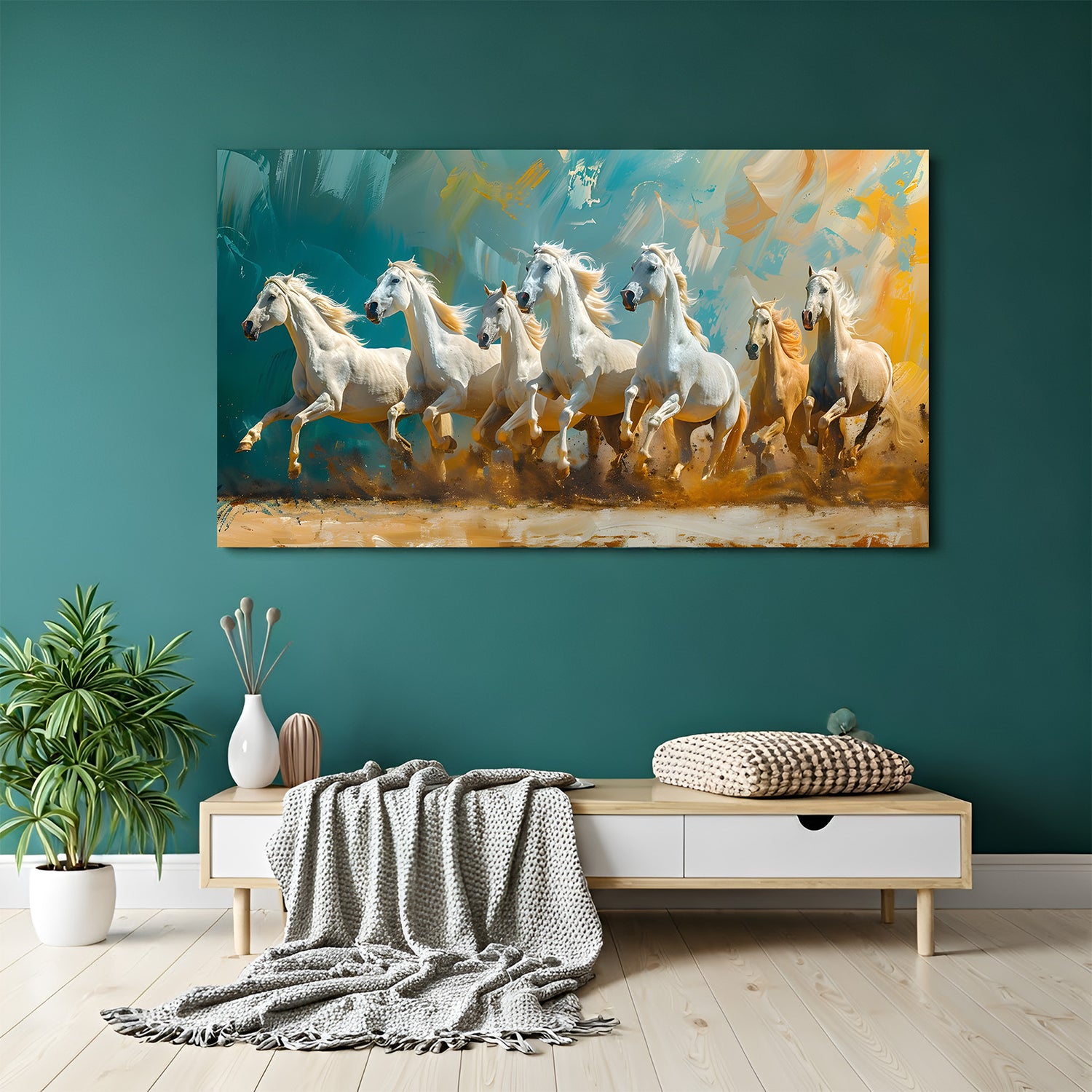Seven white horses abstract teal gold canvas wall painting for modern interiors