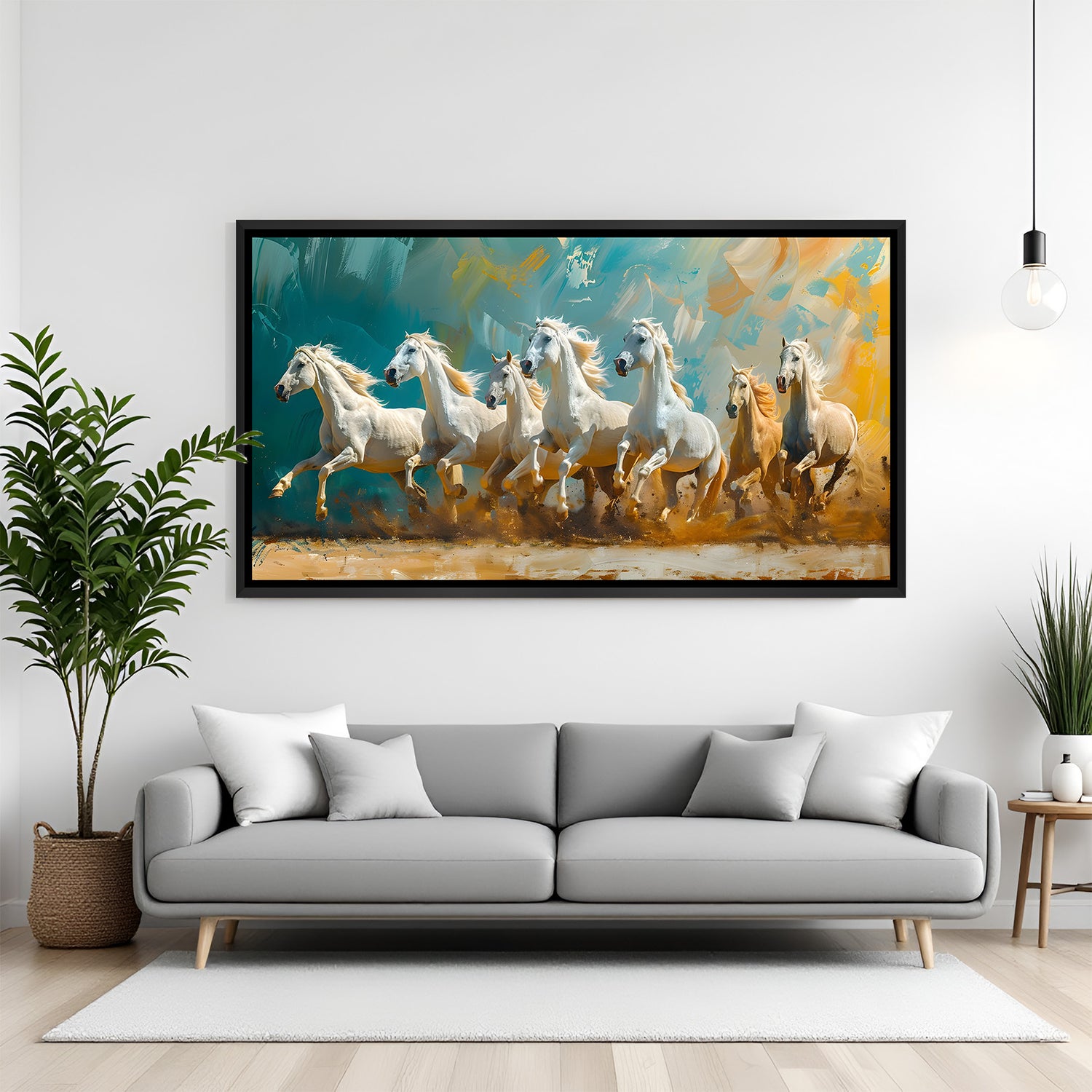 Seven white horses modern abstract painting in black floater frame