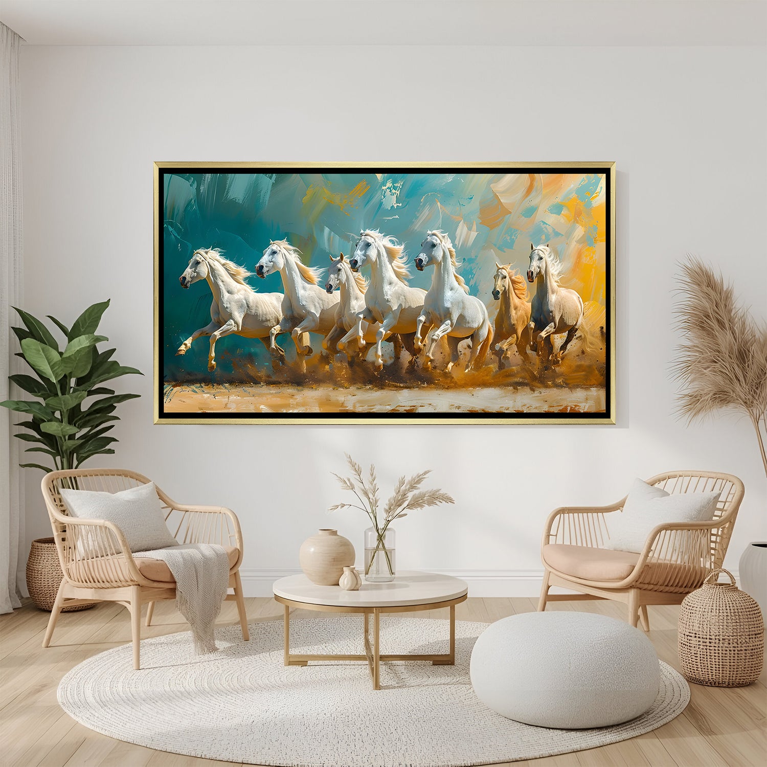 Premium seven white horses teal gold wall art in luxury golden frame