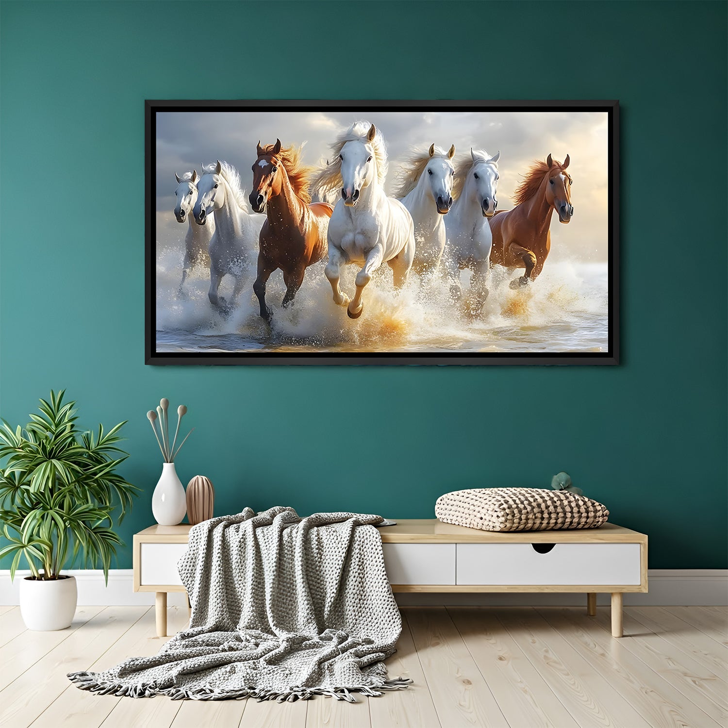 Seven white horses running in water painting in black floater frame modern canvas wall art for office decor India