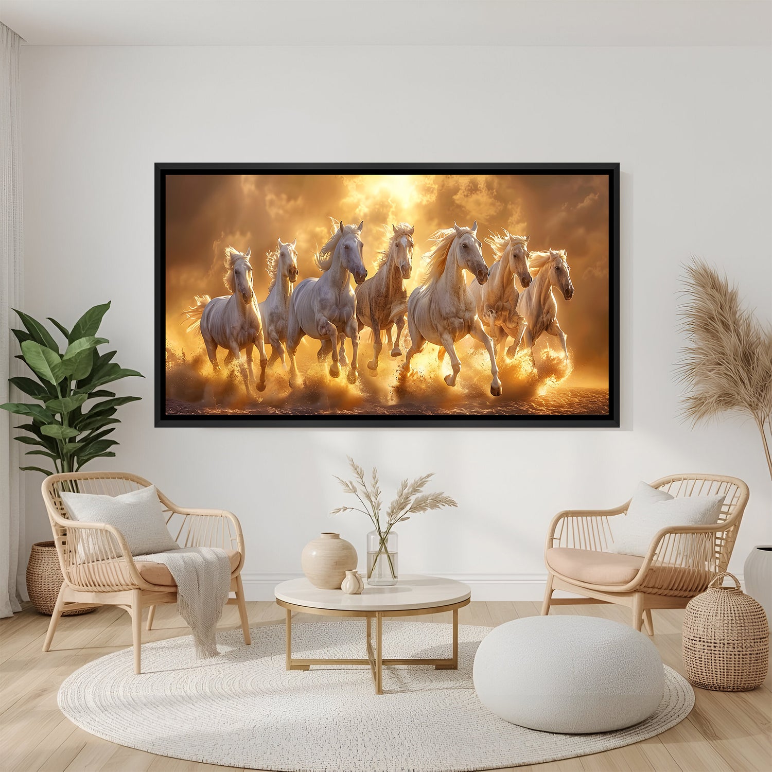 Seven white horses running painting in black floater frame panoramic canvas wall art for modern home decor India
