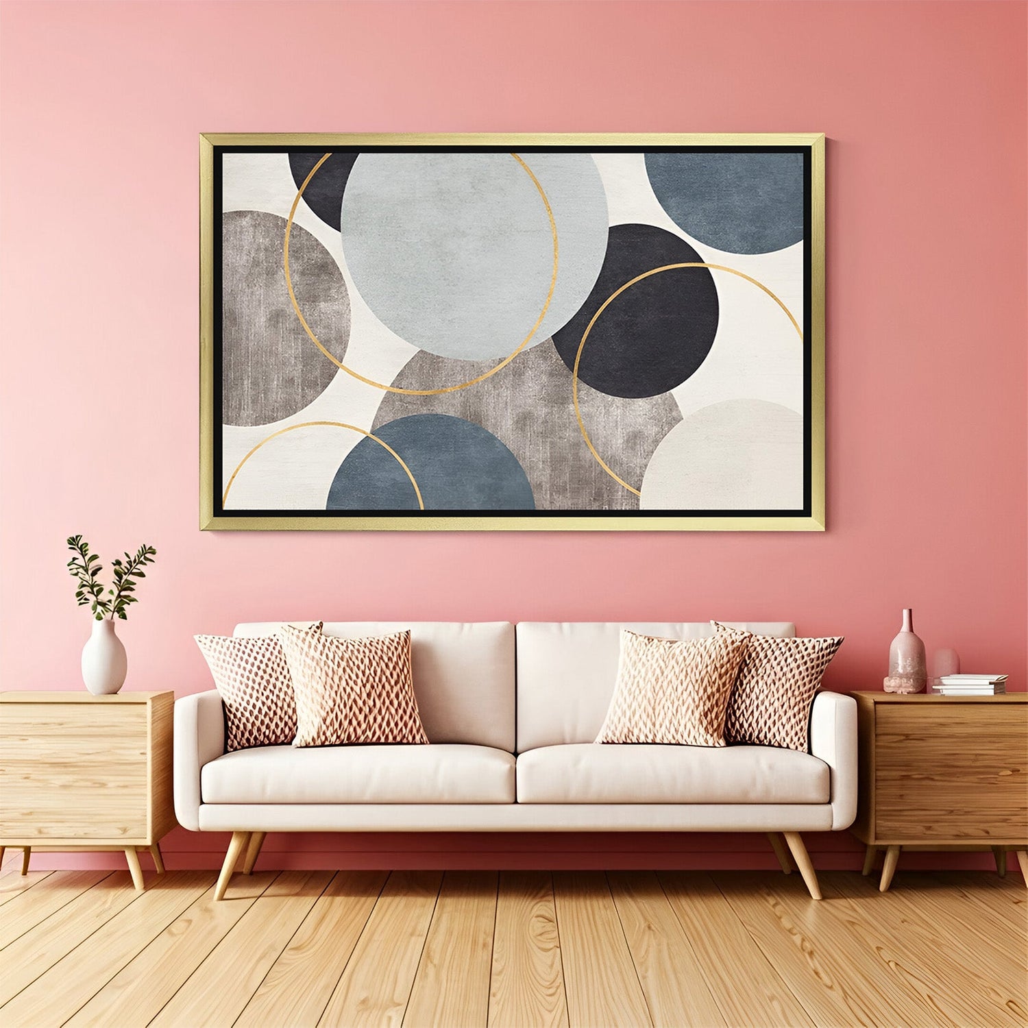 Golden frame abstract art print with shaded rings and circles – elegant canvas for stylish wall decor
