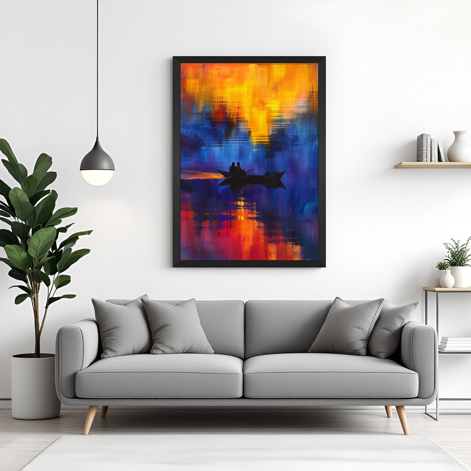 Black frame canvas print of an abstract evening scene with boat and figures – dark river artwork for peaceful and creative spaces