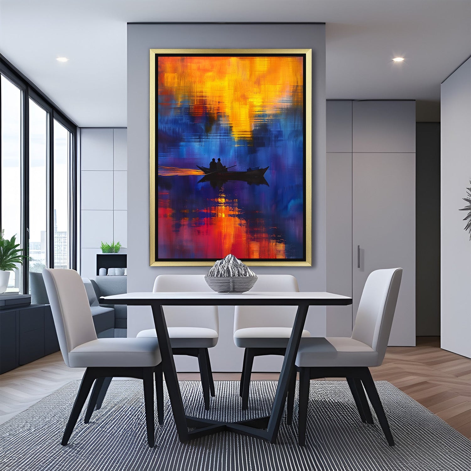 Golden frame abstract canvas of shadowed boat scene on river at dusk – artistic painted wall art for modern interiors