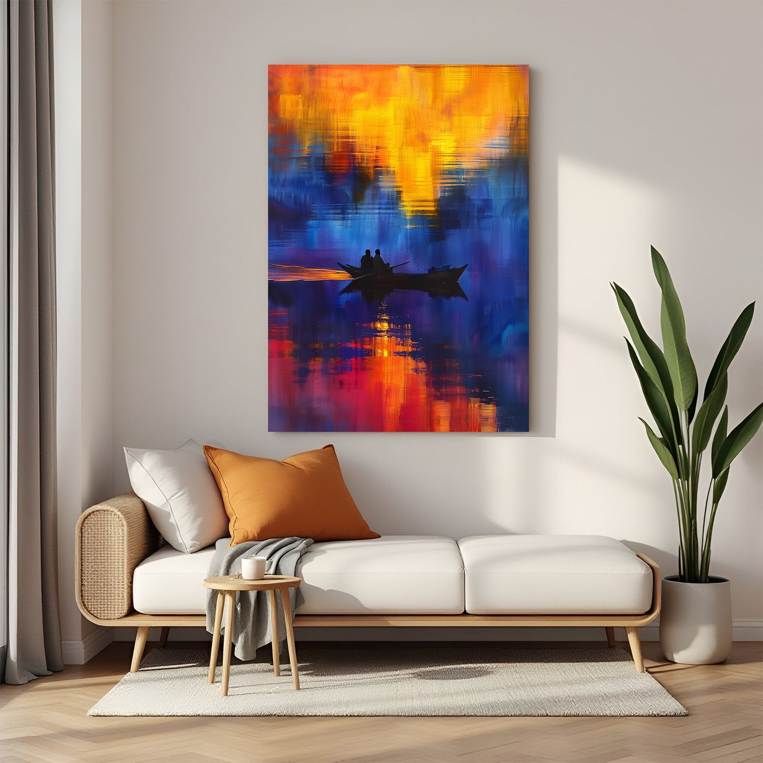 Abstract canvas wall art of two shadowed people in a boat on a river during evening – moody painted artwork for modern home decor