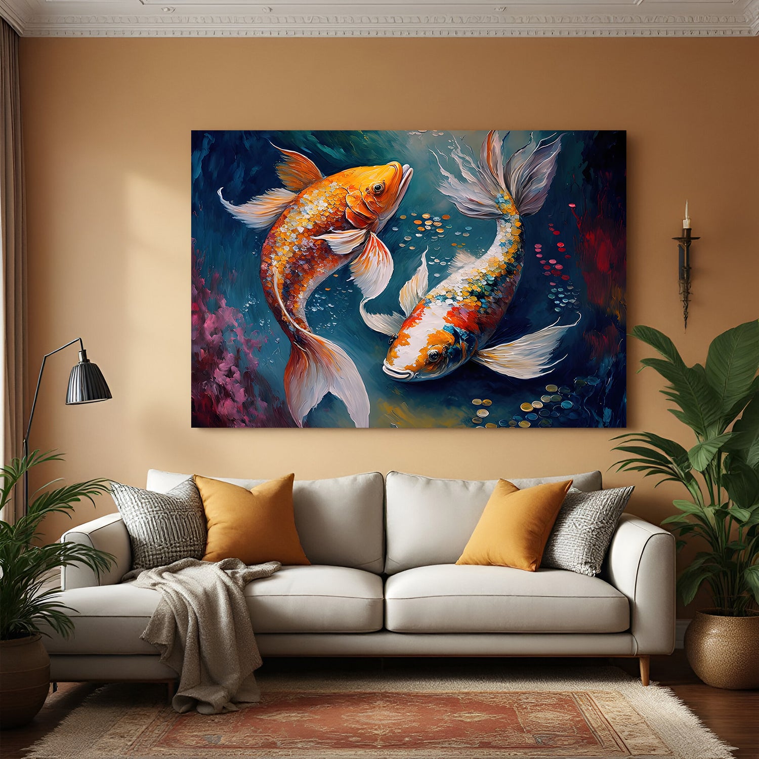Two vibrant koi fish swimming against a dark textured background in premium canvas wrapped frame