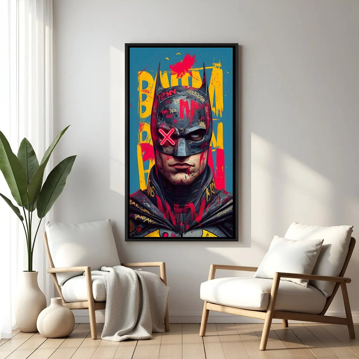Batman face artwork in elegant black floater frame featuring intense close-up superhero portrait