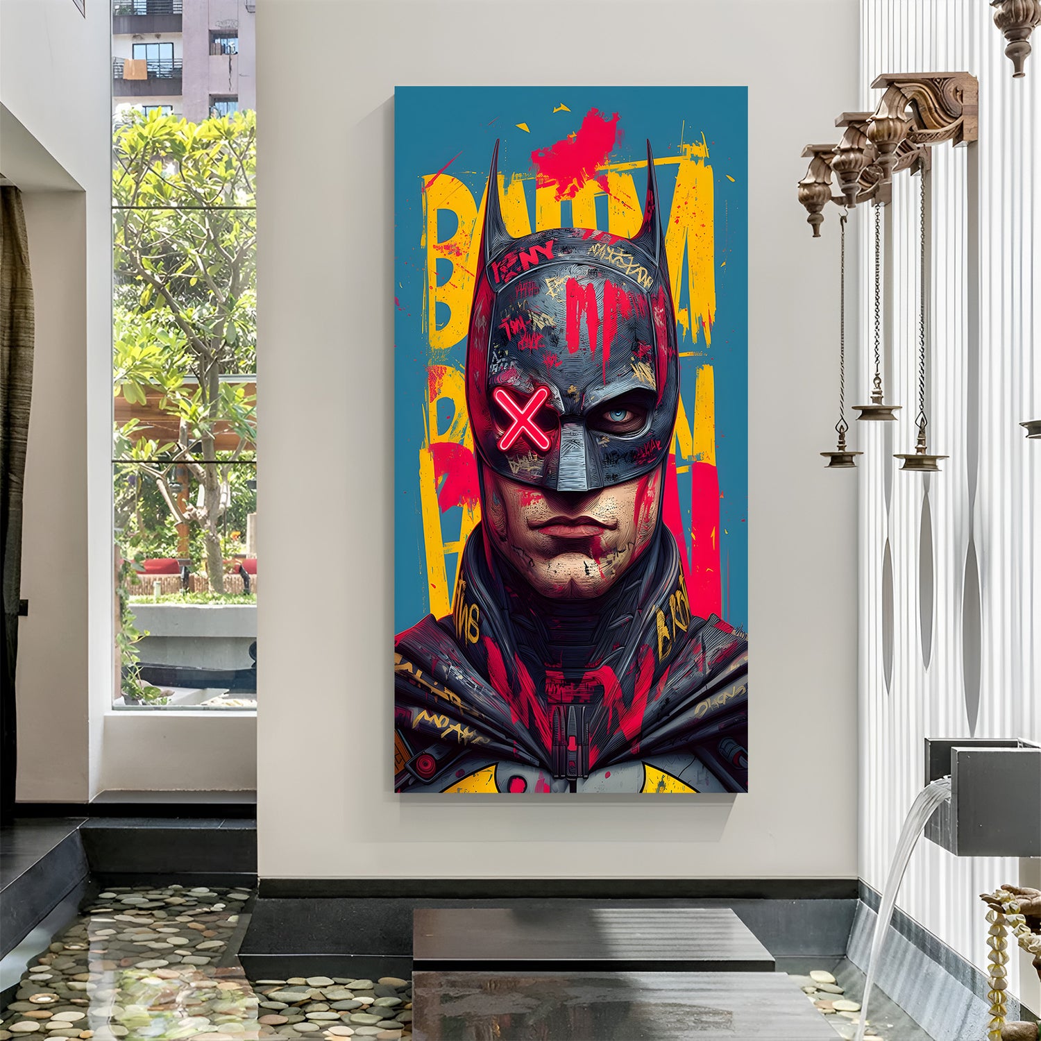 Batman face portrait canvas wall art in premium canvas wrapped frame with dramatic superhero design