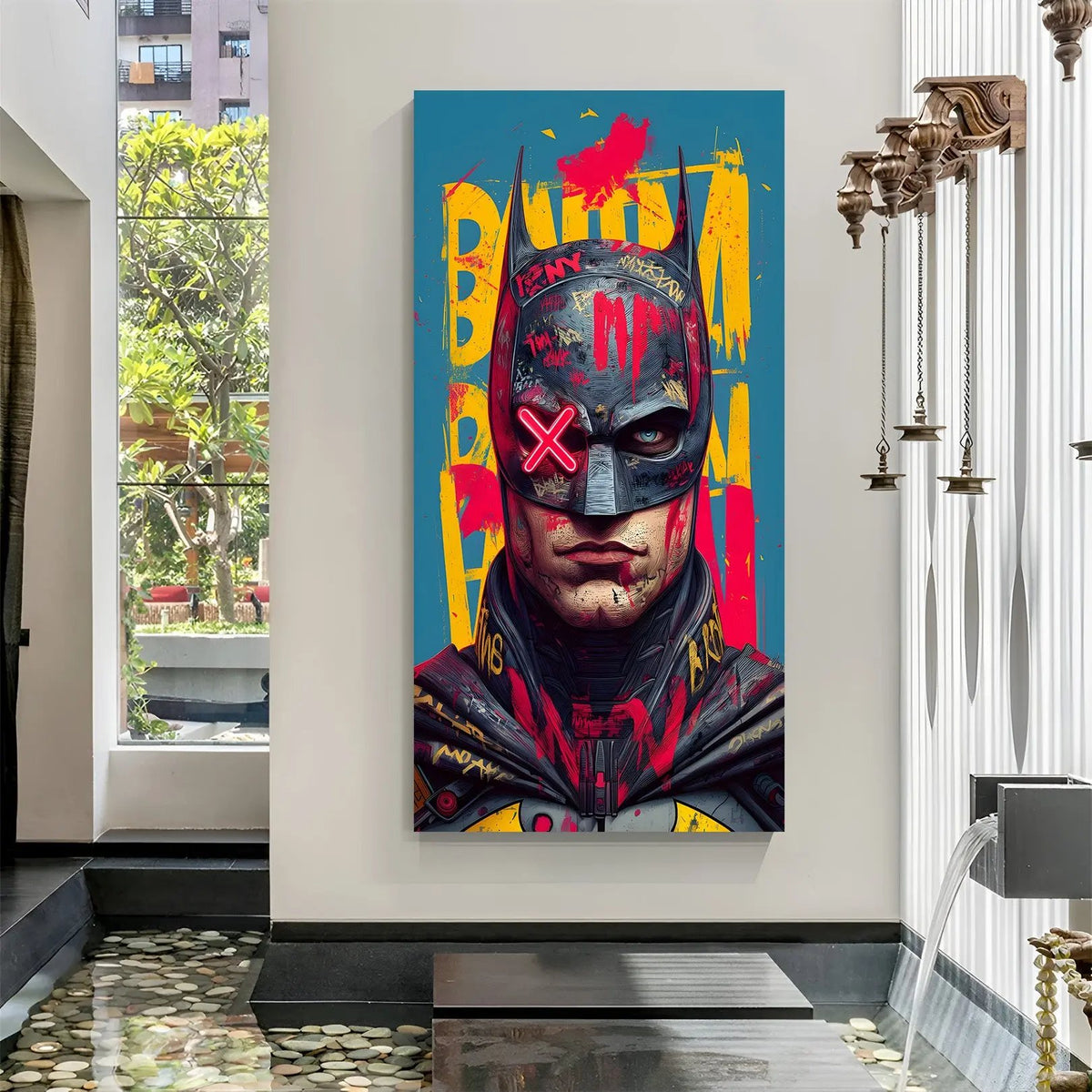 Batman face portrait canvas wall art in premium canvas wrapped frame with dramatic superhero design