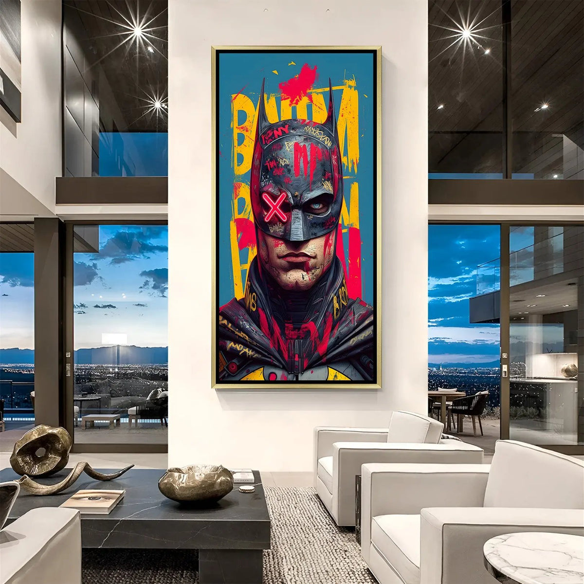 Luxury Batman portrait canvas artwork in golden floater frame with cinematic superhero aesthetic