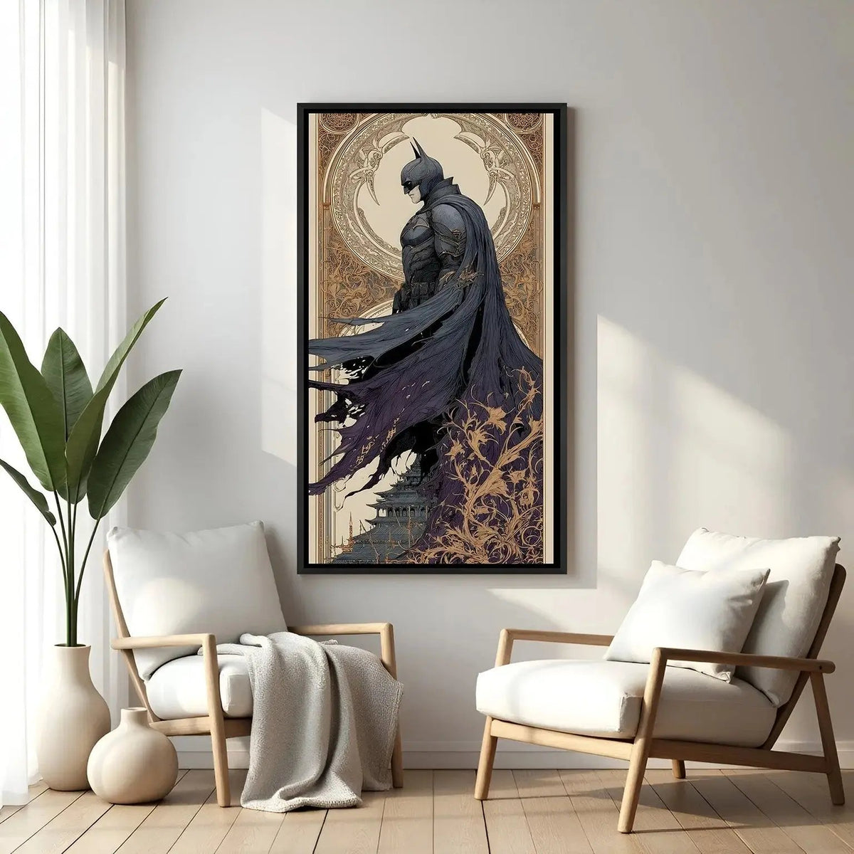 Batman side profile artwork in elegant black floater frame with cinematic superhero design