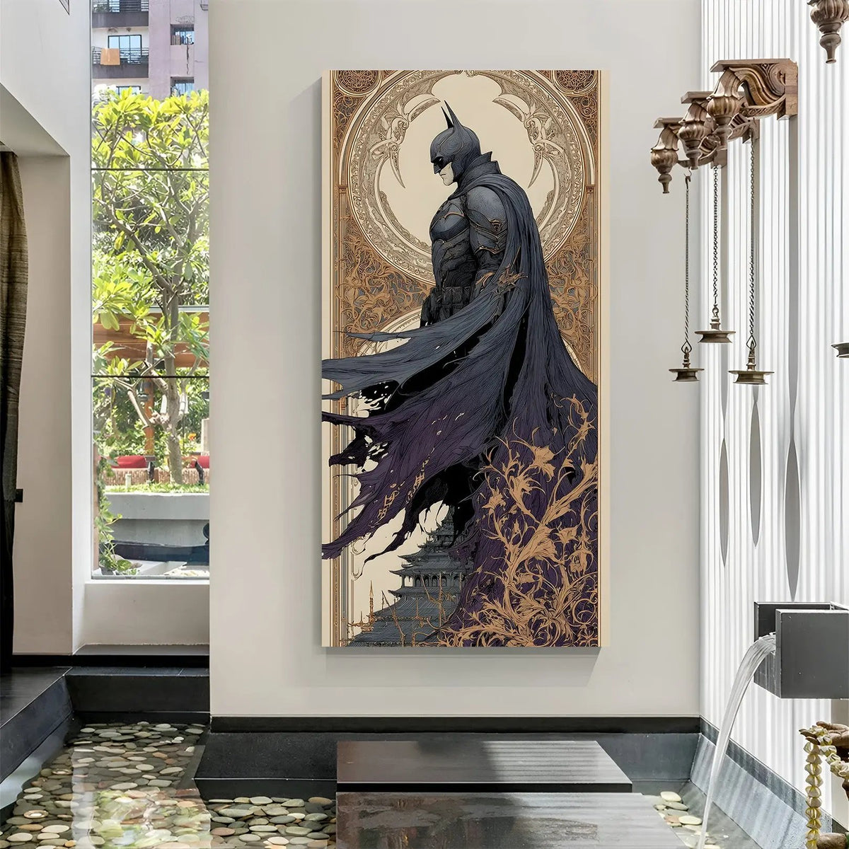 Batman side pose canvas wall art in premium canvas wrapped frame featuring dramatic superhero profile artwork