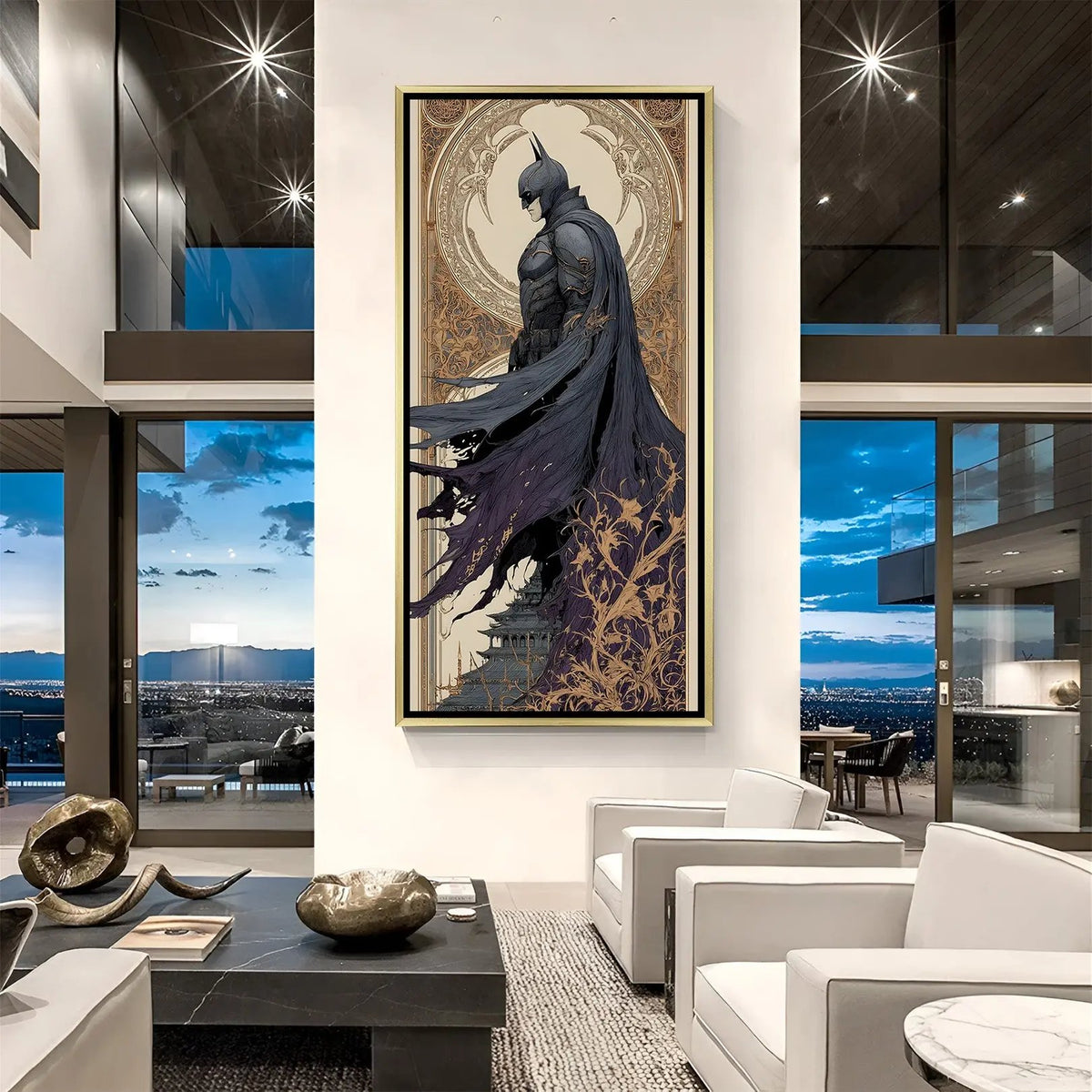 Luxury Batman side pose canvas artwork in golden floater frame with modern artistic superhero styling