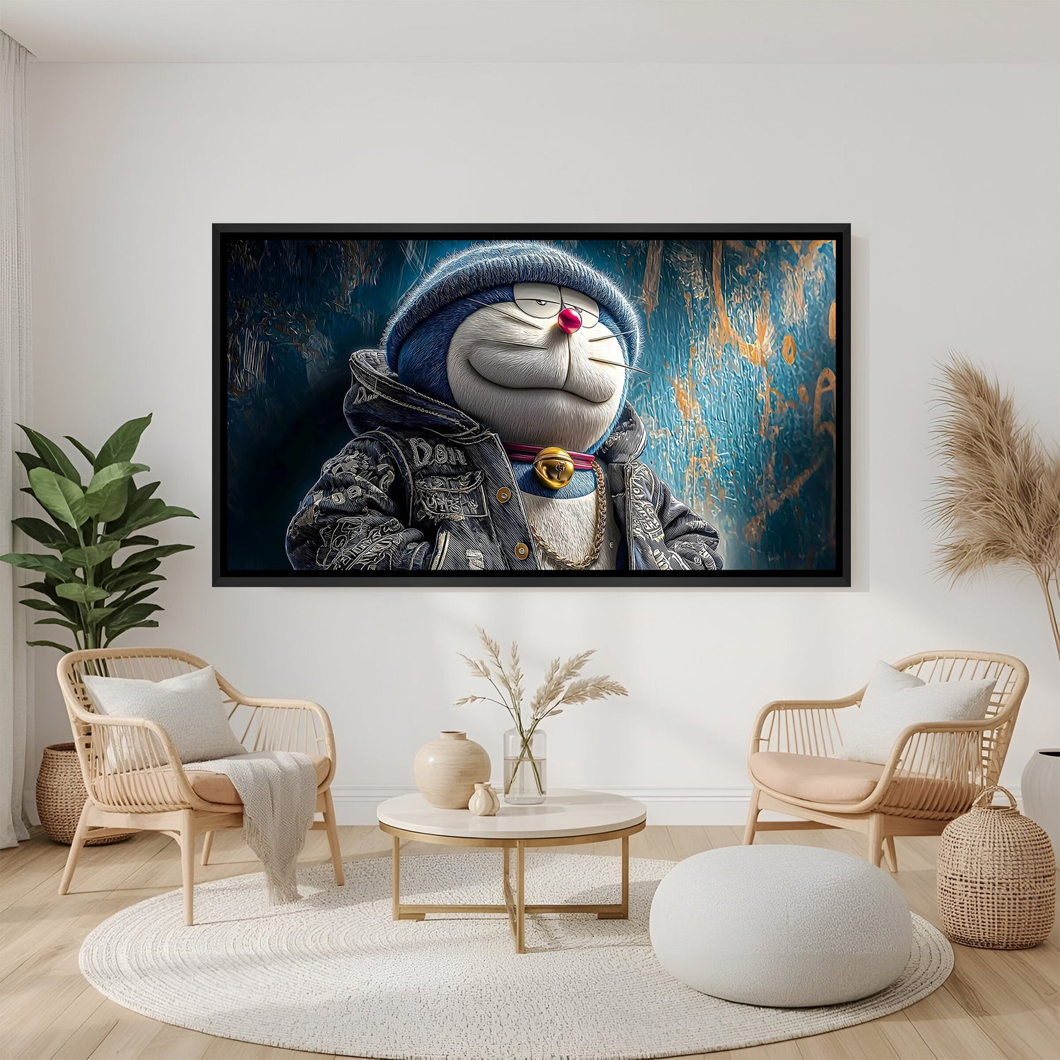 Doraemon badass cartoon artwork in elegant black floater frame with edgy contemporary styling