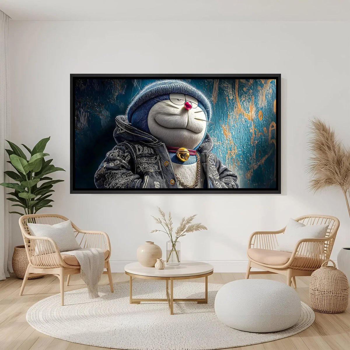 Doraemon badass cartoon artwork in elegant black floater frame with edgy contemporary styling