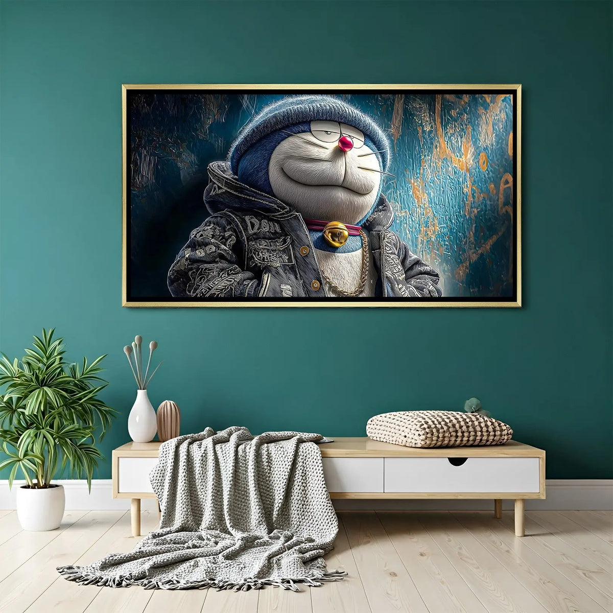 Luxury Doraemon cartoon canvas artwork in golden floater frame featuring a powerful and stylish character portrait