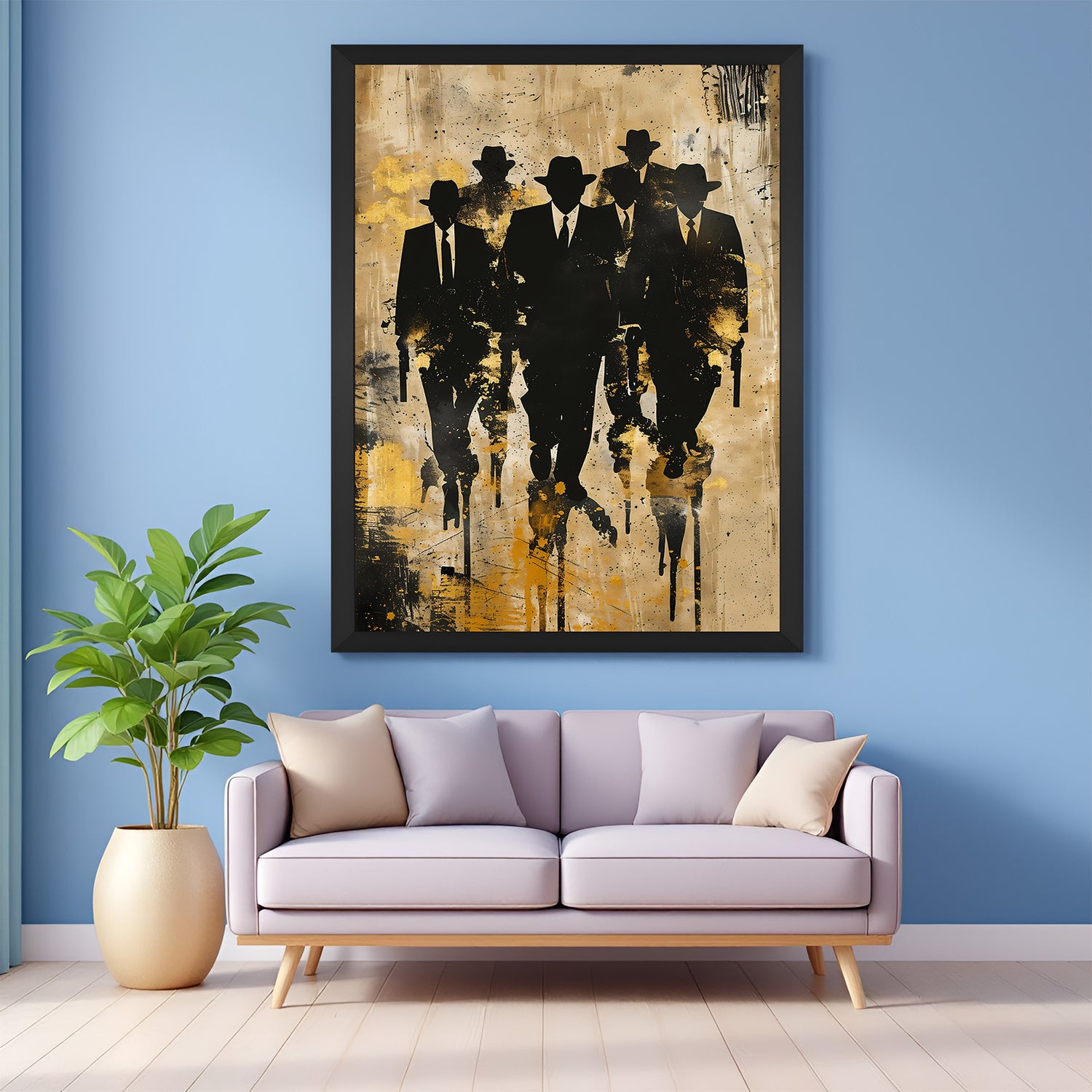 Canvas wall art of syndicate shadows in black floater frame with intense modern artistic tones for dramatic interiors