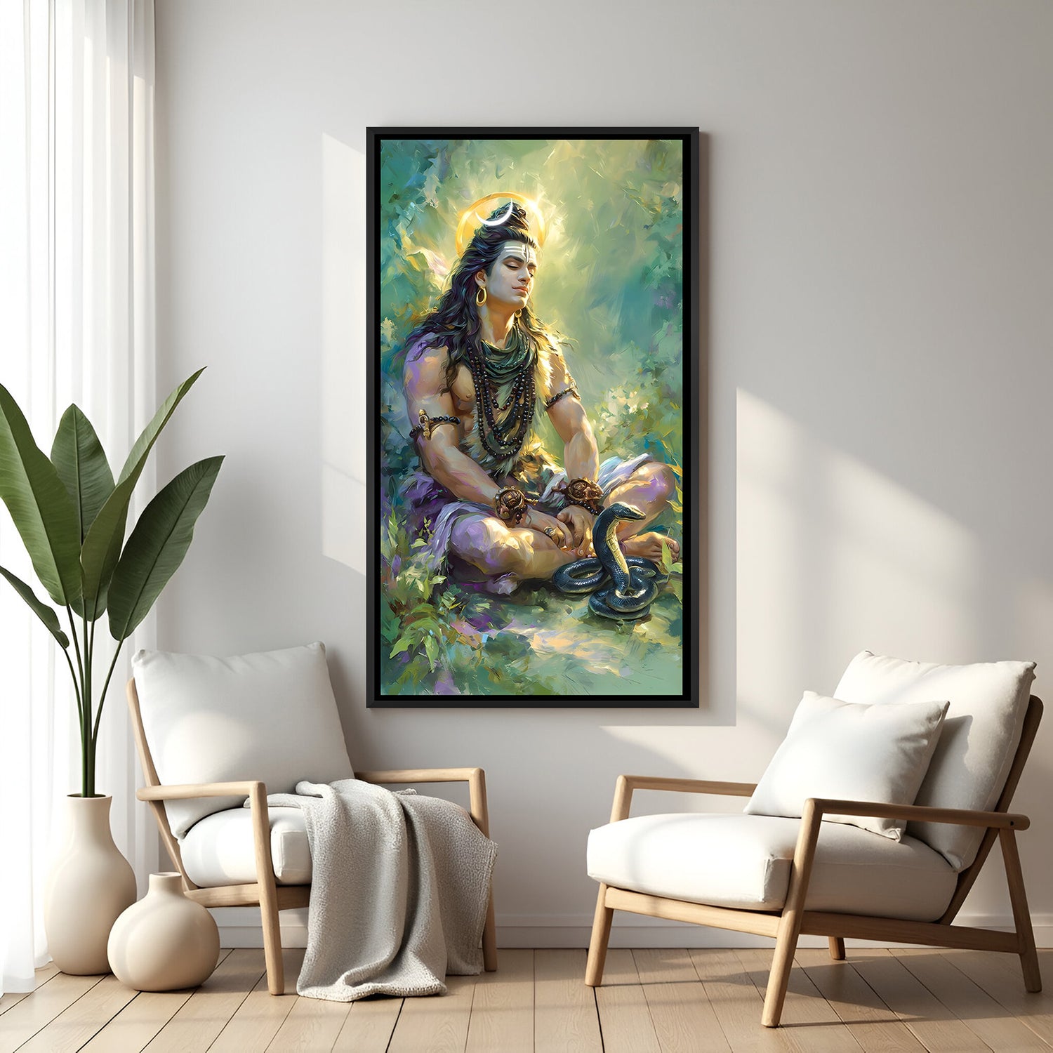 Peaceful Mahadev meditation artwork in elegant black floater frame for spiritual interiors