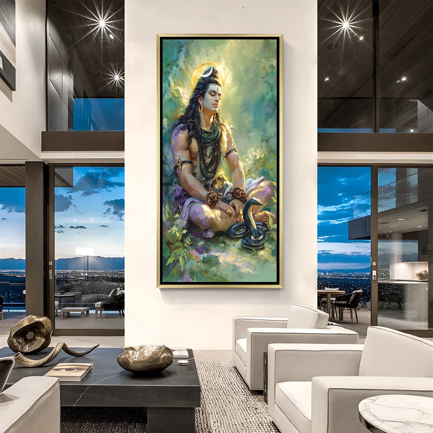 Serene Lord Shiva meditation canvas painting in luxurious golden floater frame