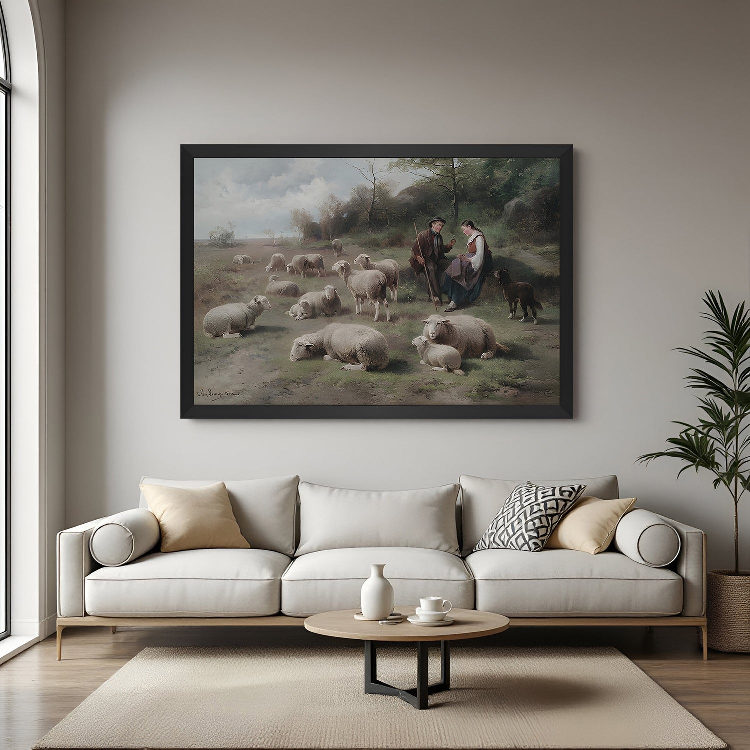 Black-framed canvas of shepherd couple with flock—rural vintage art for farmhouse or nature-inspired decor
