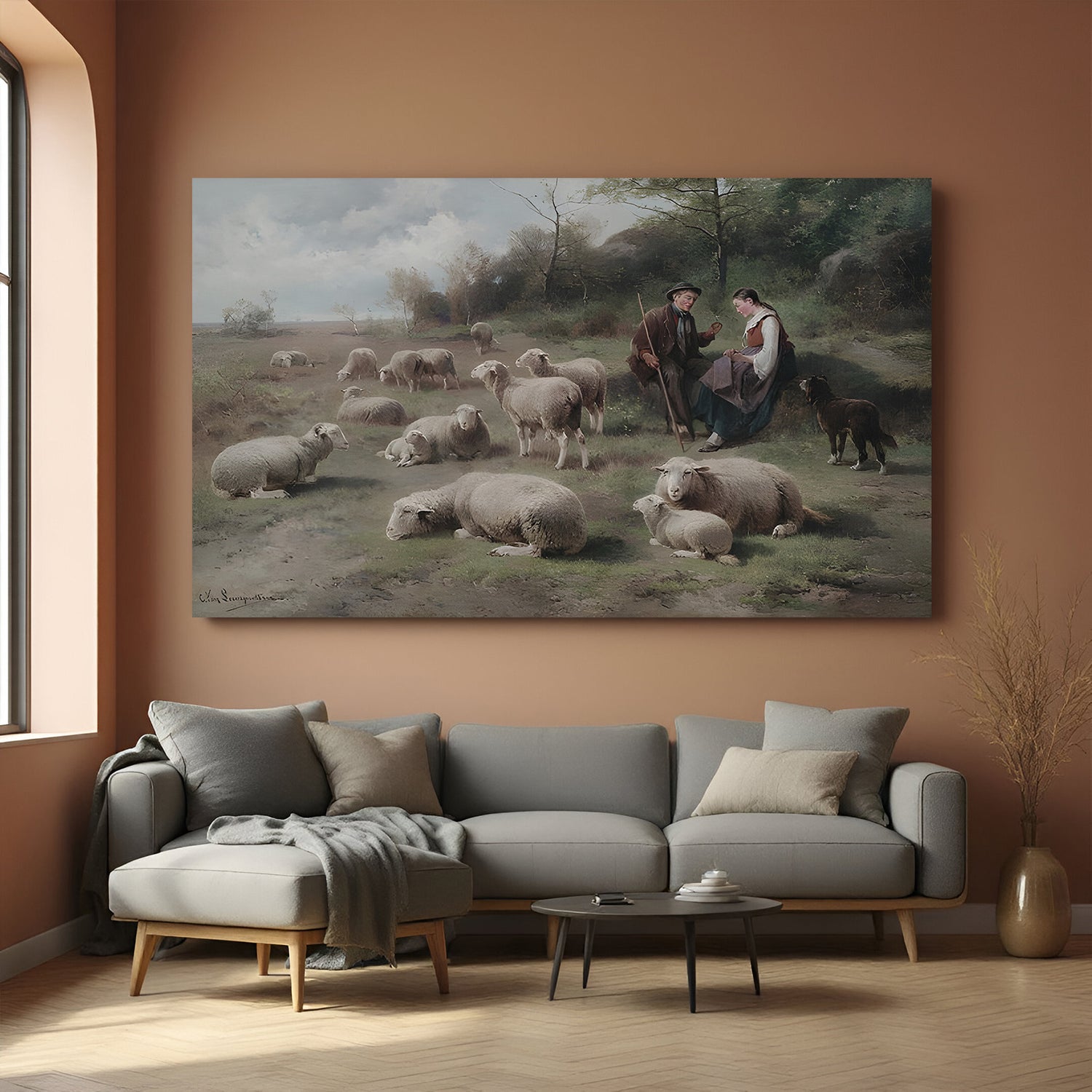 Vintage canvas wall art of shepherd with wife and sheep—ancient countryside scene with rustic storytelling charm