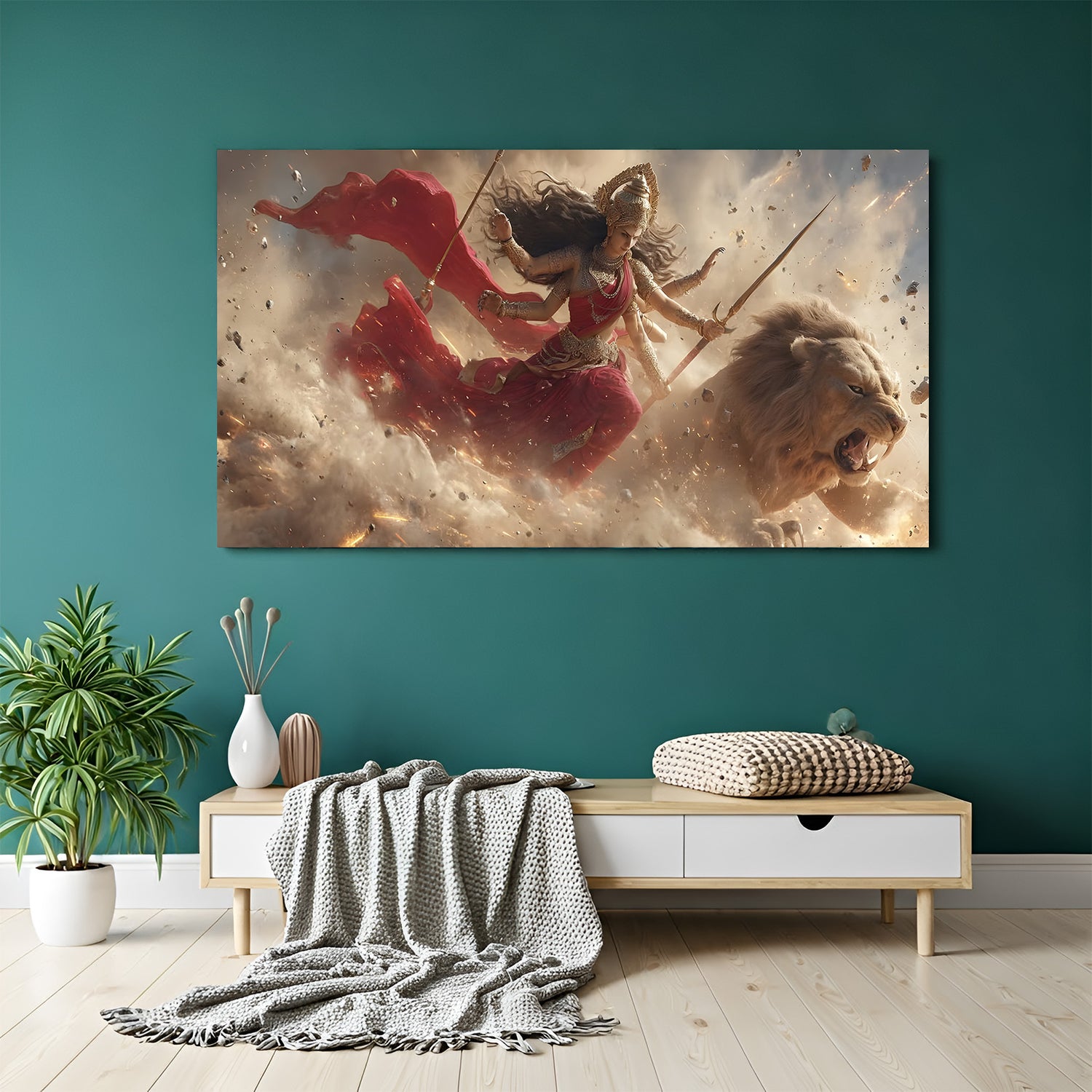 Sherawali Maa sitting on lion in attacking pose canvas wall painting in premium wrapped frame with powerful divine energy