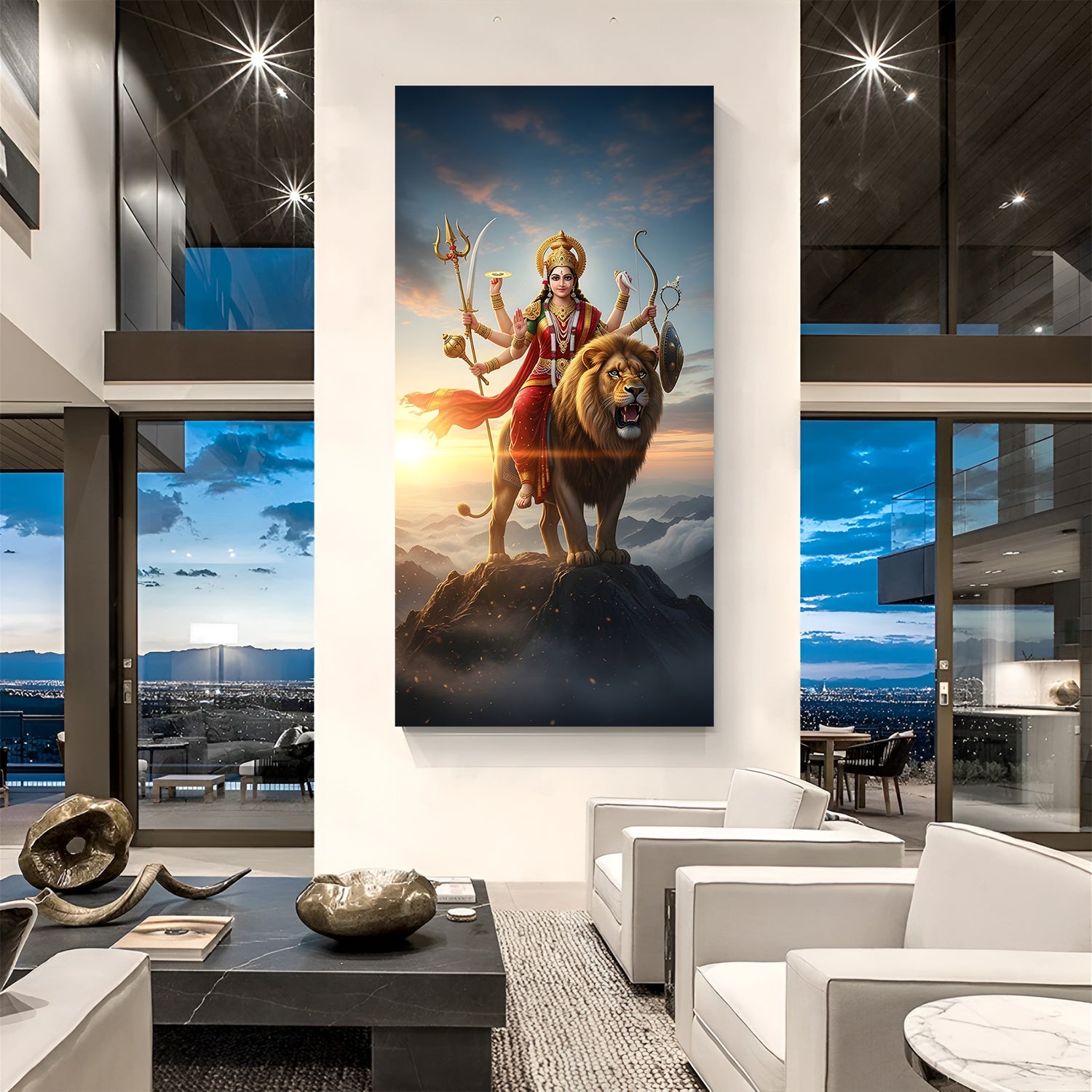 Sherawali Maa standing with lion on Himalayan mountain in premium spiritual canvas wall art