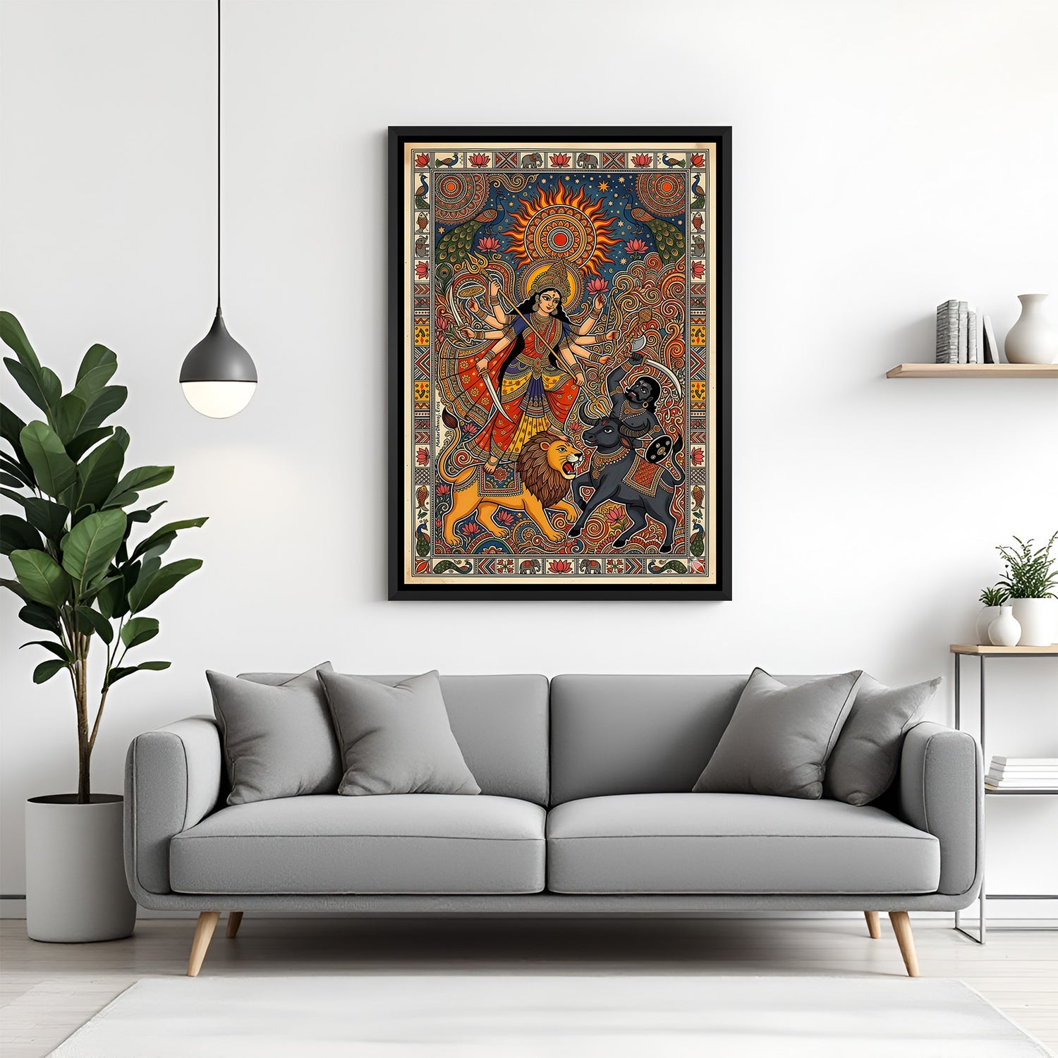 Shero Wali Maa Kalamkari wall painting with peacock in elegant black floater frame