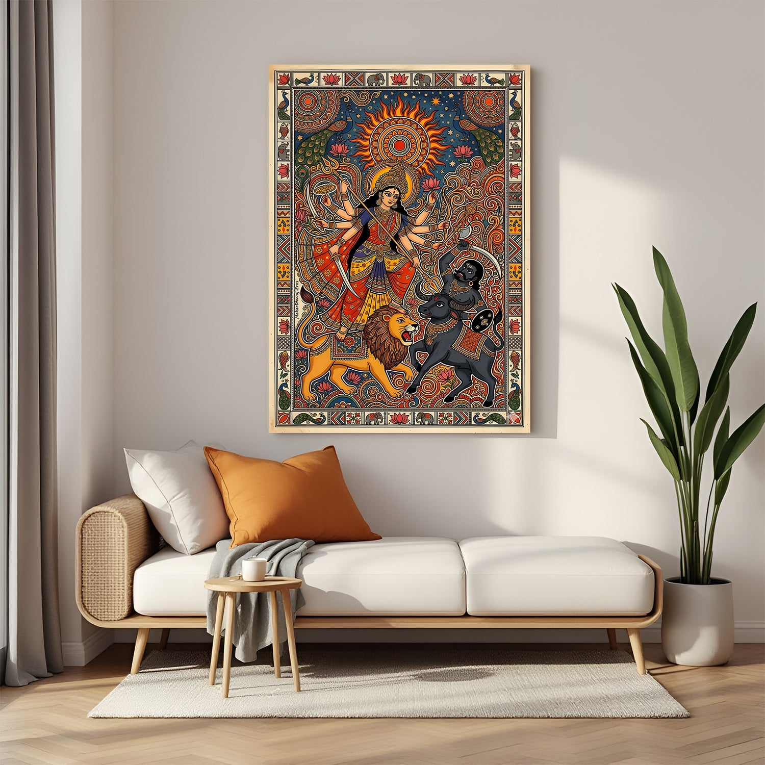 Shero Wali Maa Kalamkari canvas wall art with peacock and demon battle in premium canvas wrapped frame