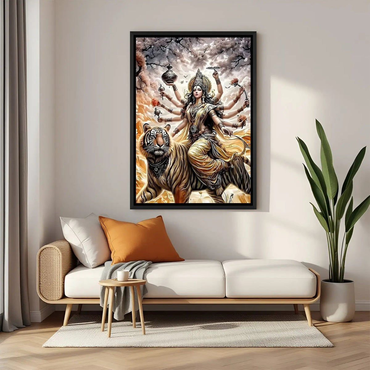 Shero Wali Maa divine wall painting in elegant black floater frame with sacred tiger and weapons