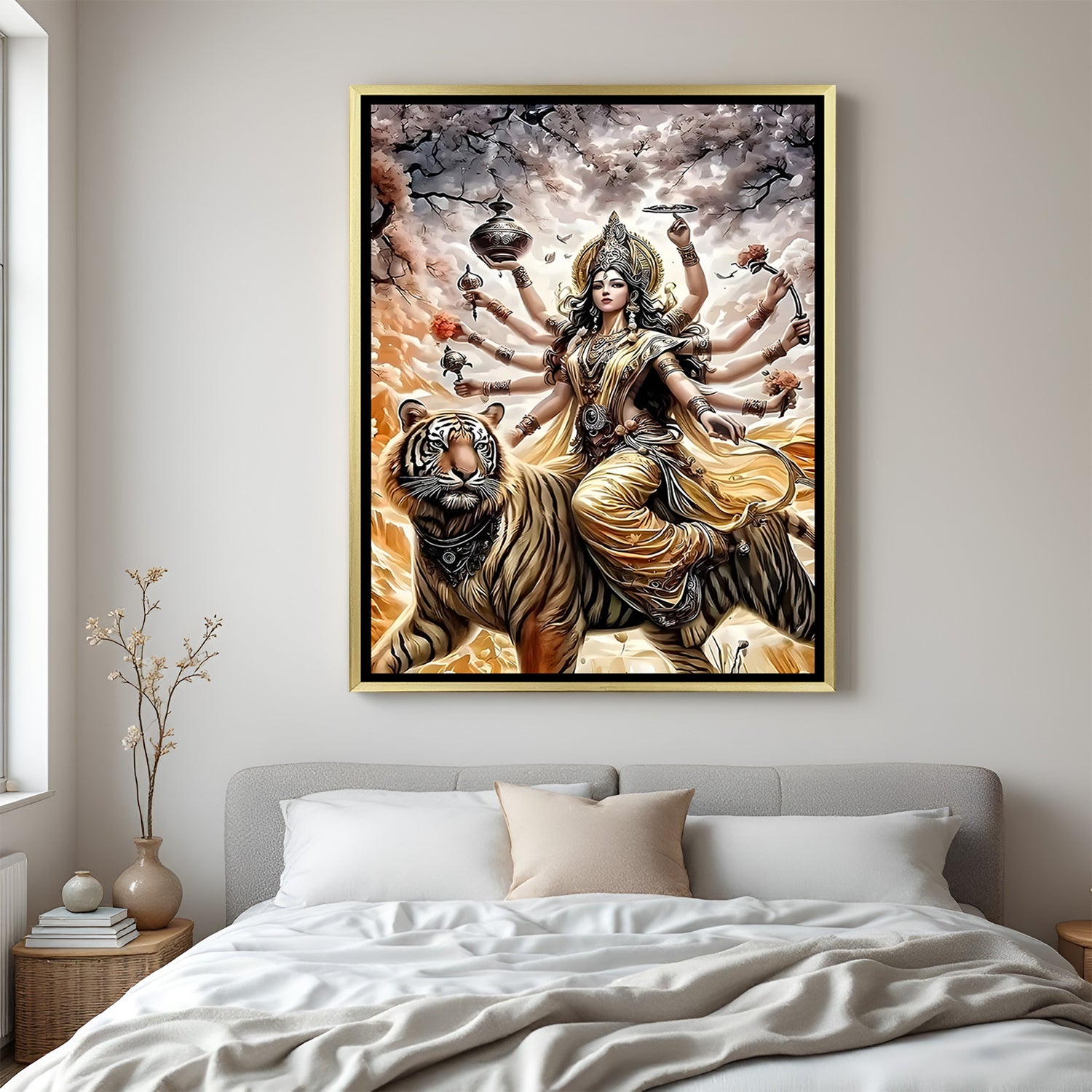 Shero Wali Maa luxury spiritual artwork in golden floater frame with ten divine arms and tiger