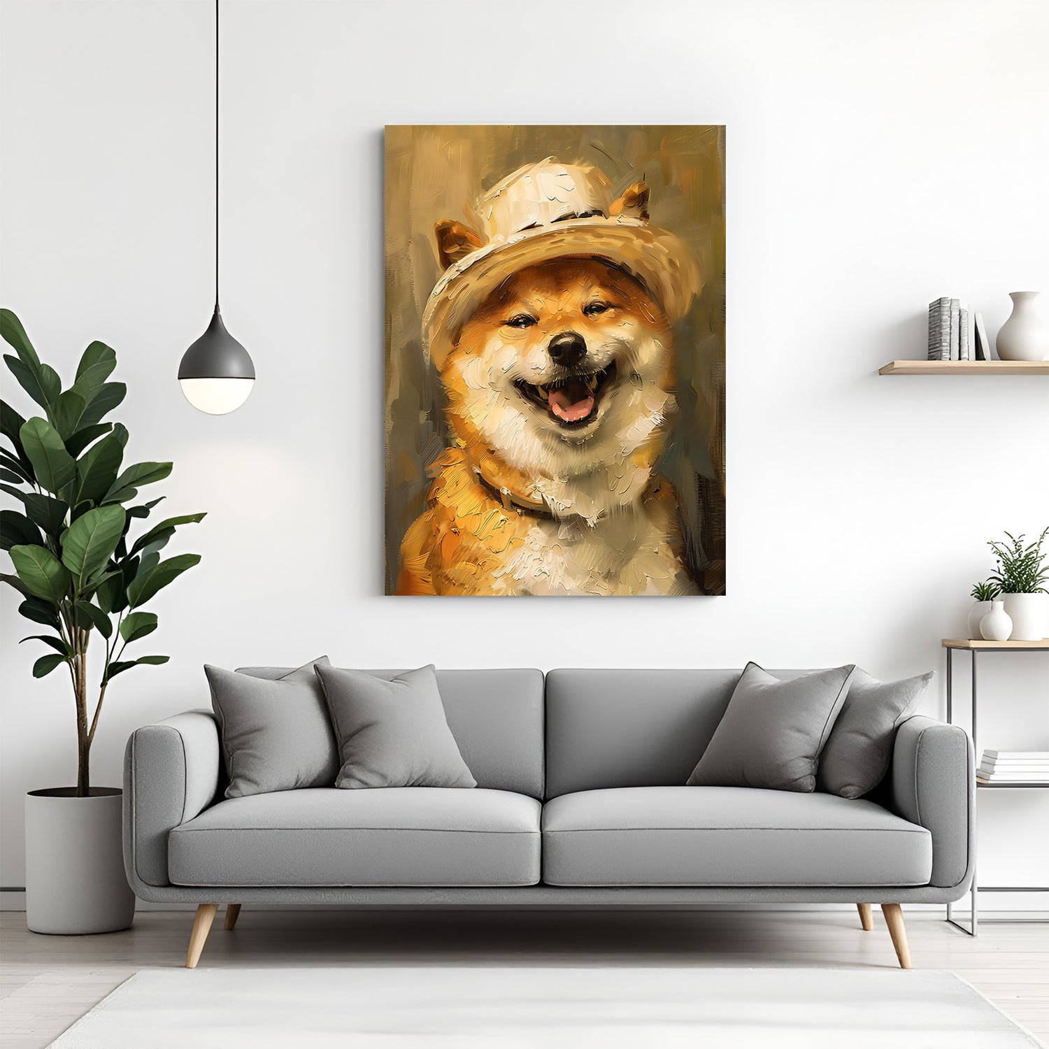 Canvas wall art of a cute Shiba Inu dog with a playful face, ideal for adding fun and modern animal charm to bedrooms, living rooms, or creative spaces