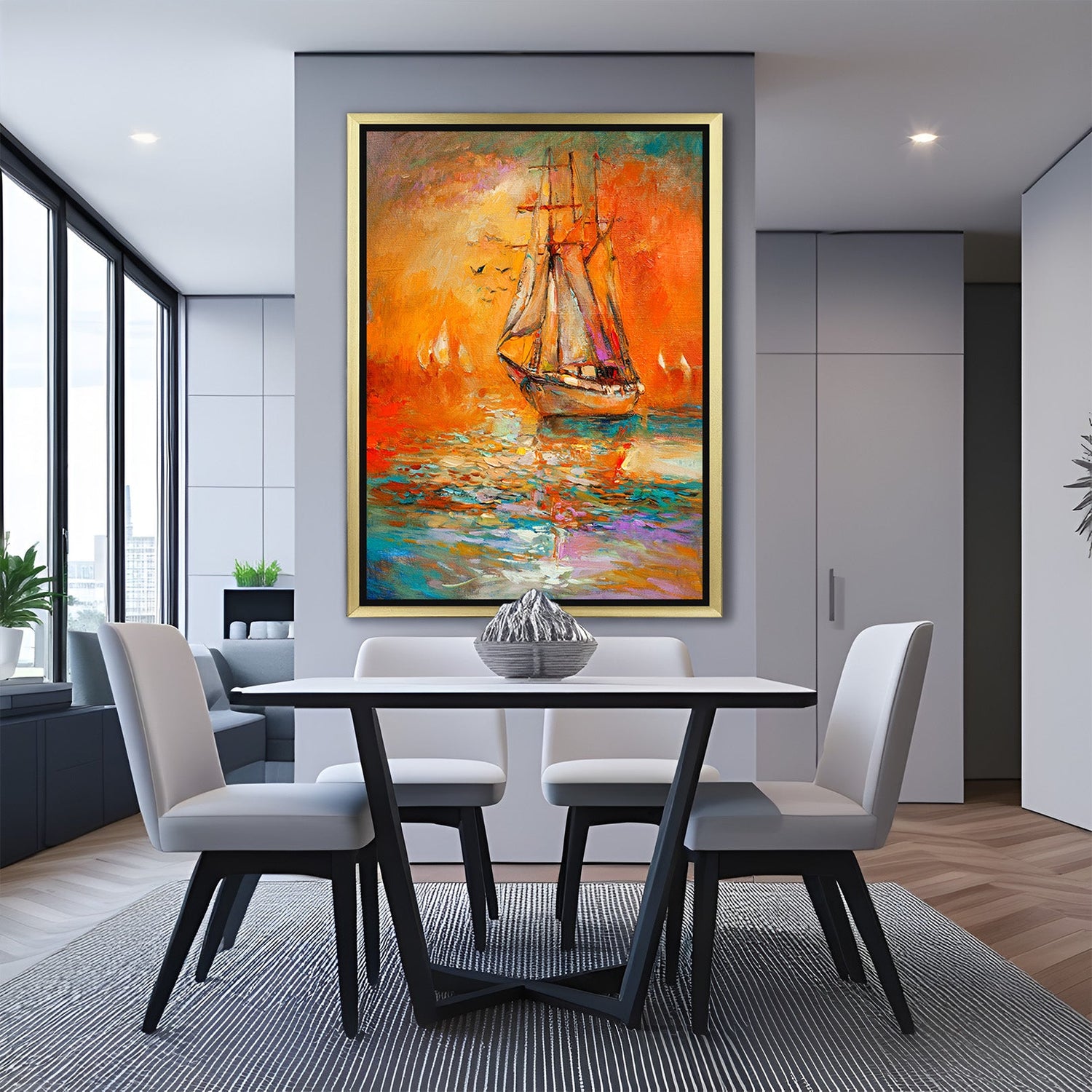 Golden frame abstract wall art of ship in water – painted canvas print perfect for nautical-themed and contemporary interiors