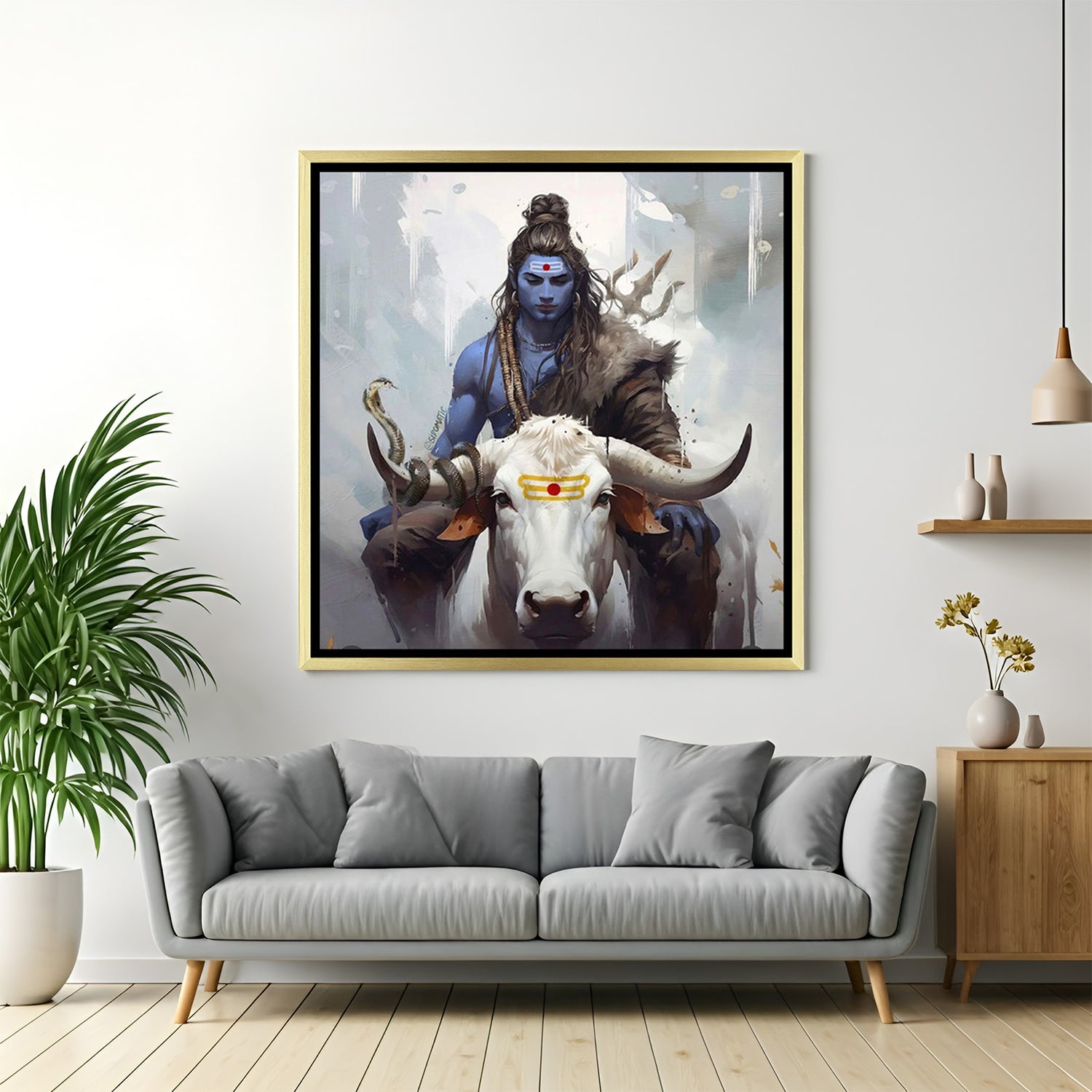 Hand-painted canvas of Shiv Ji on Nandi Ji in golden floater frame, perfect for spiritual home decor, pooja room, and bringing peace and harmony